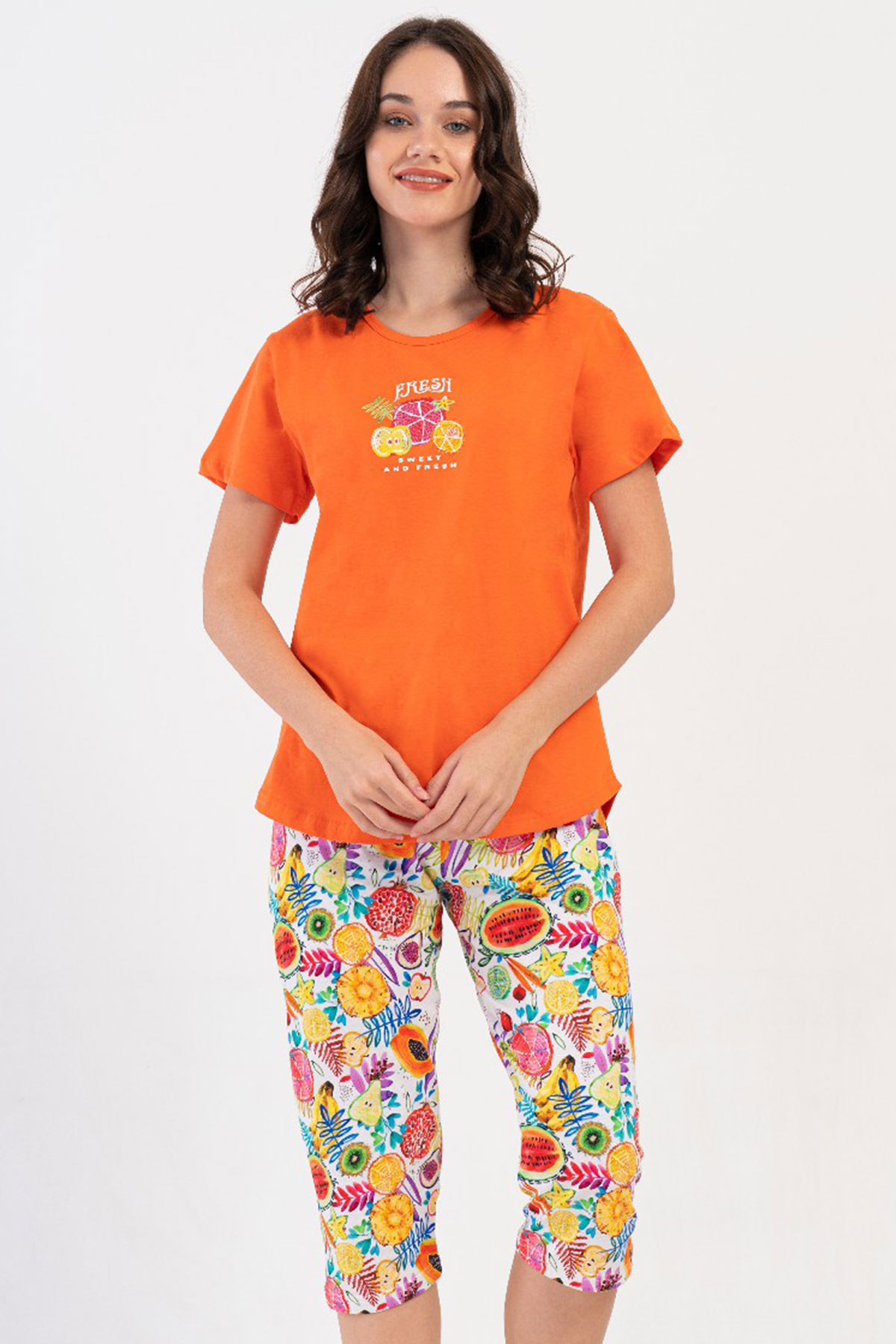 Pamuklu Kadın Kısa Kol Kaprili Pijama Takım
