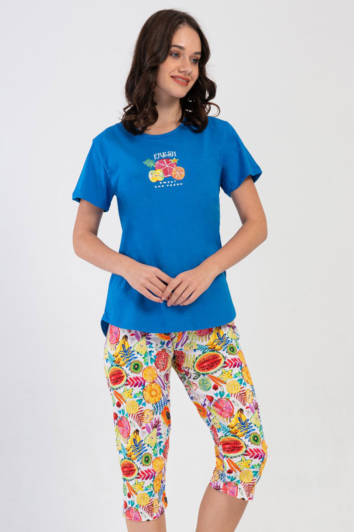 Pamuklu Kadın Kısa Kol Kaprili Pijama Takım
