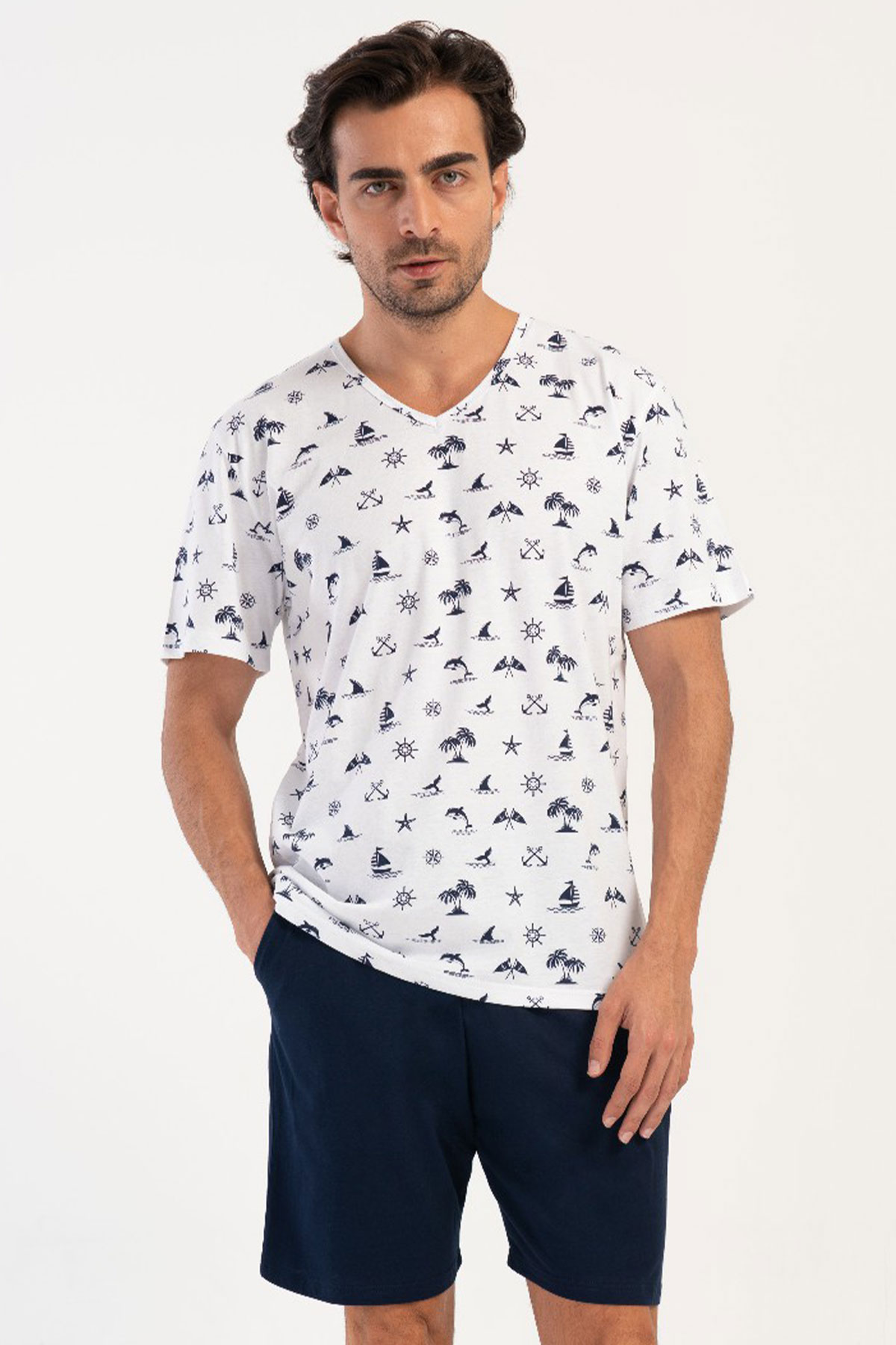 Pamuklu Erkek V Yaka Kısa Kol Şortlu Pijama Takım
