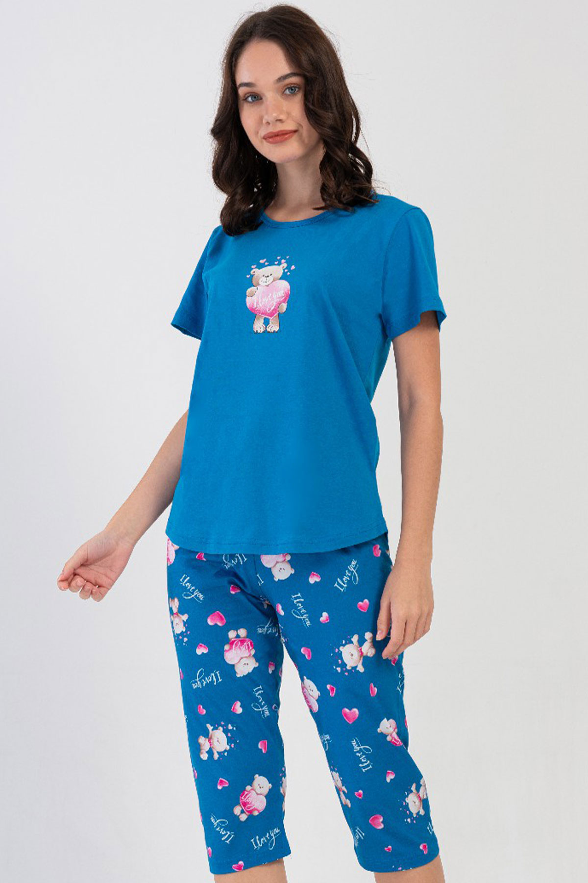 Pamuklu Kadın Kısa Kol Kaprili Pijama Takım
