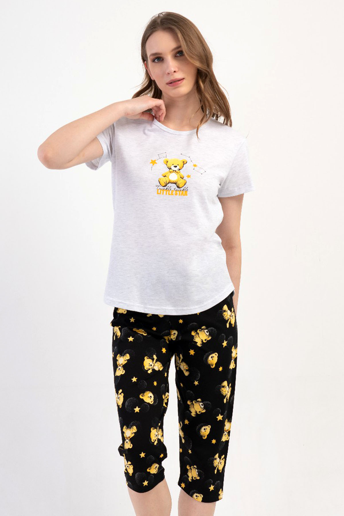 Pamuklu Kadın Kısa Kol Kaprili Pijama Takım
