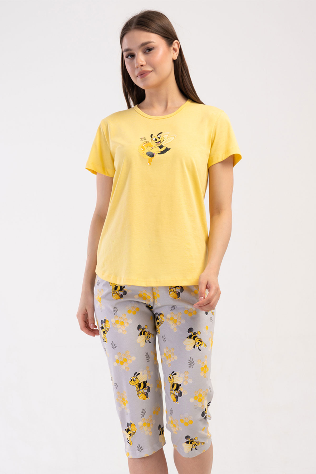 Pamuklu Kadın Kısa Kol Kaprili Pijama Takım
