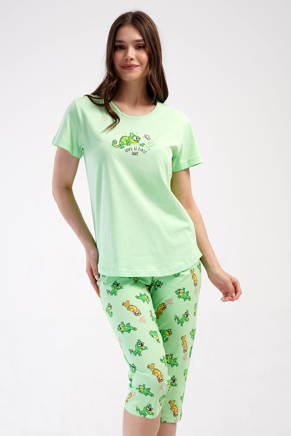 Pamuklu Kadın Kısa Kol Kaprili Pijama Takım
