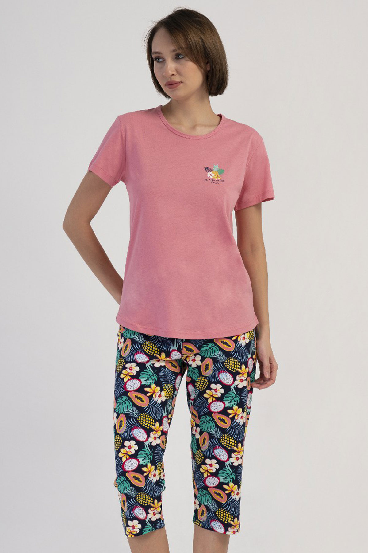Pamuklu Kadın Kısa Kol Kaprili Pijama Takım
