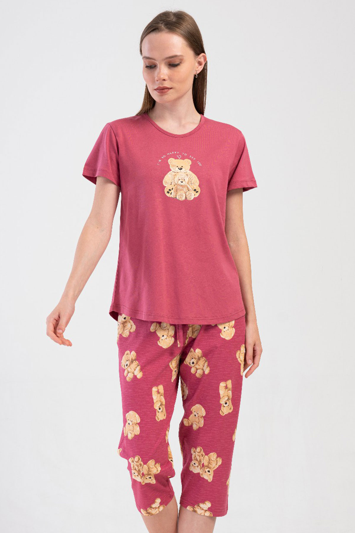 Pamuklu Kadın Kısa Kol Kaprili Pijama Takım
