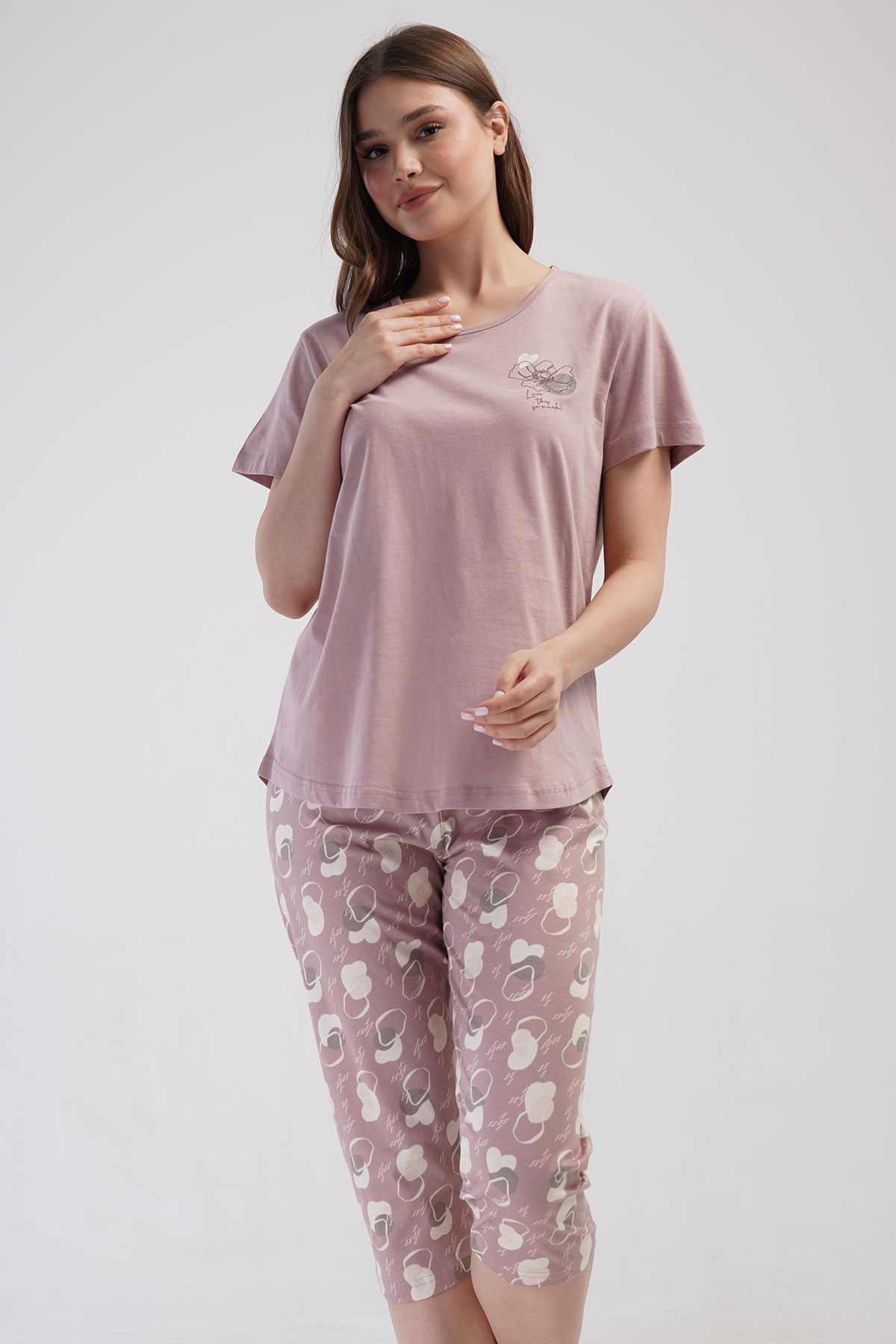 Pamuklu Kadın Büyük Beden Kısa Kol Kaprili Pijama Takım
