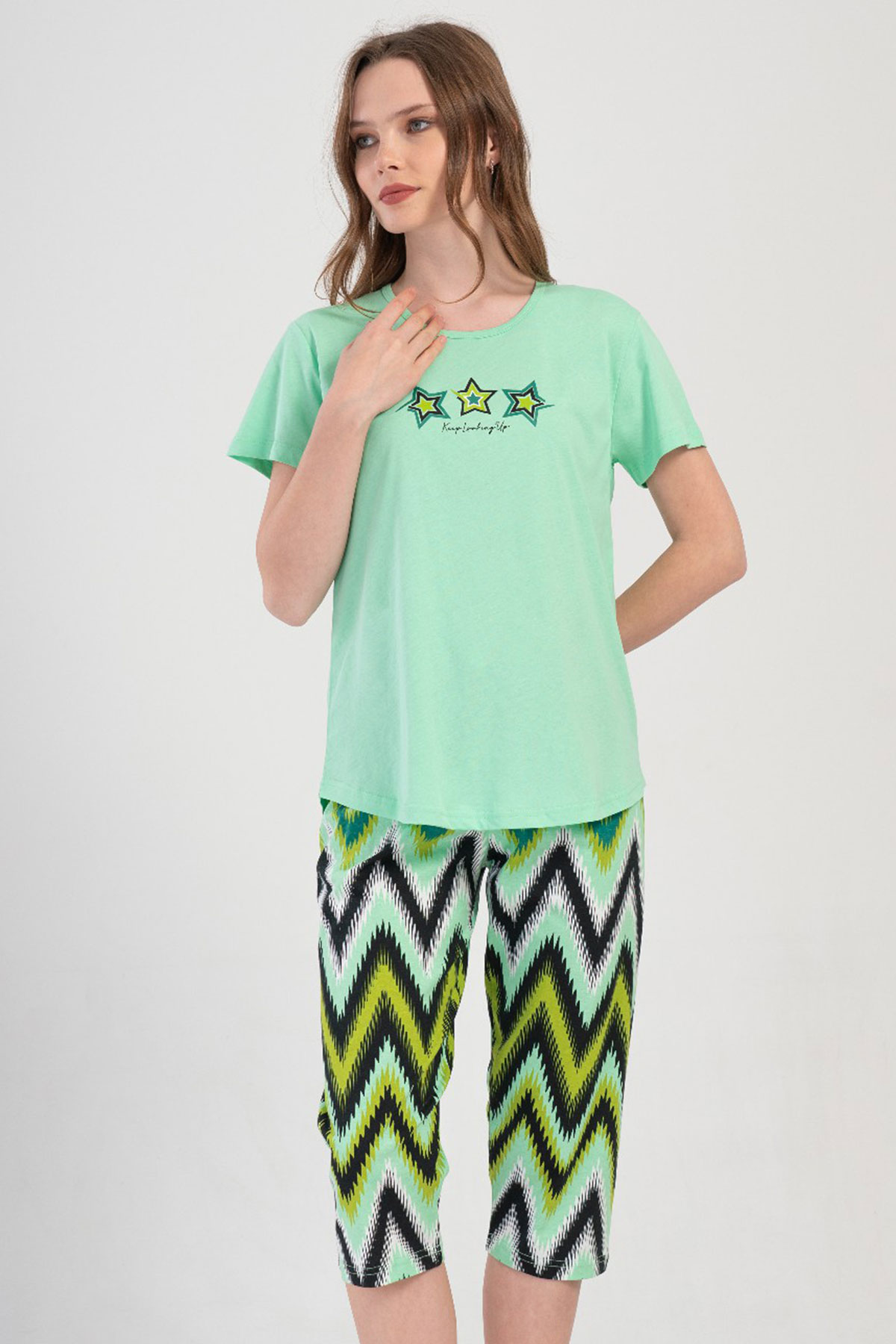 Pamuklu Kadın Kısa Kol Kaprili Pijama Takım
