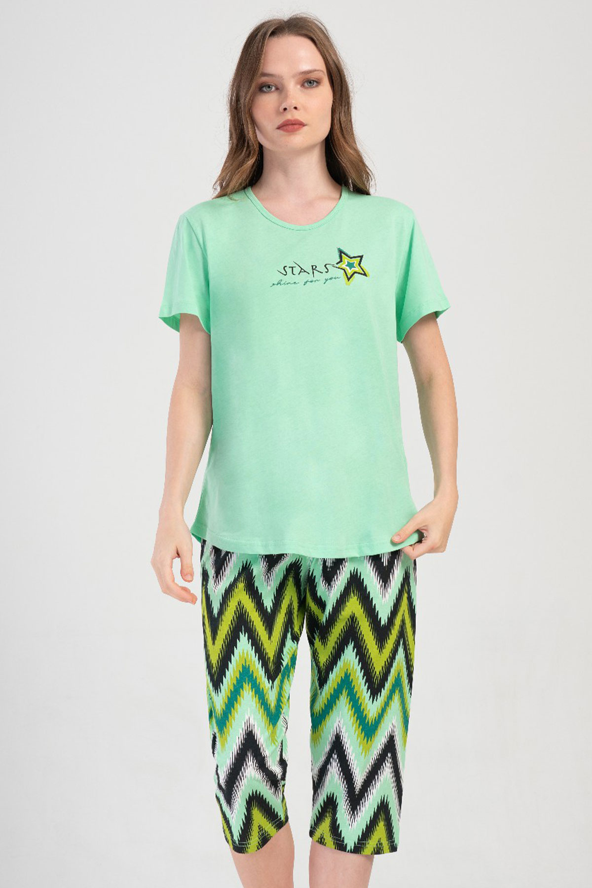 Pamuklu Kadın Büyük Beden Kısa Kol Kaprili Pijama Takım
