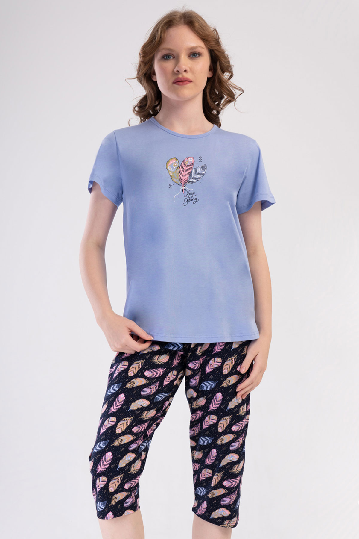 Pamuklu Kadın Büyük Beden Kısa Kol Kaprili Pijama Takım
