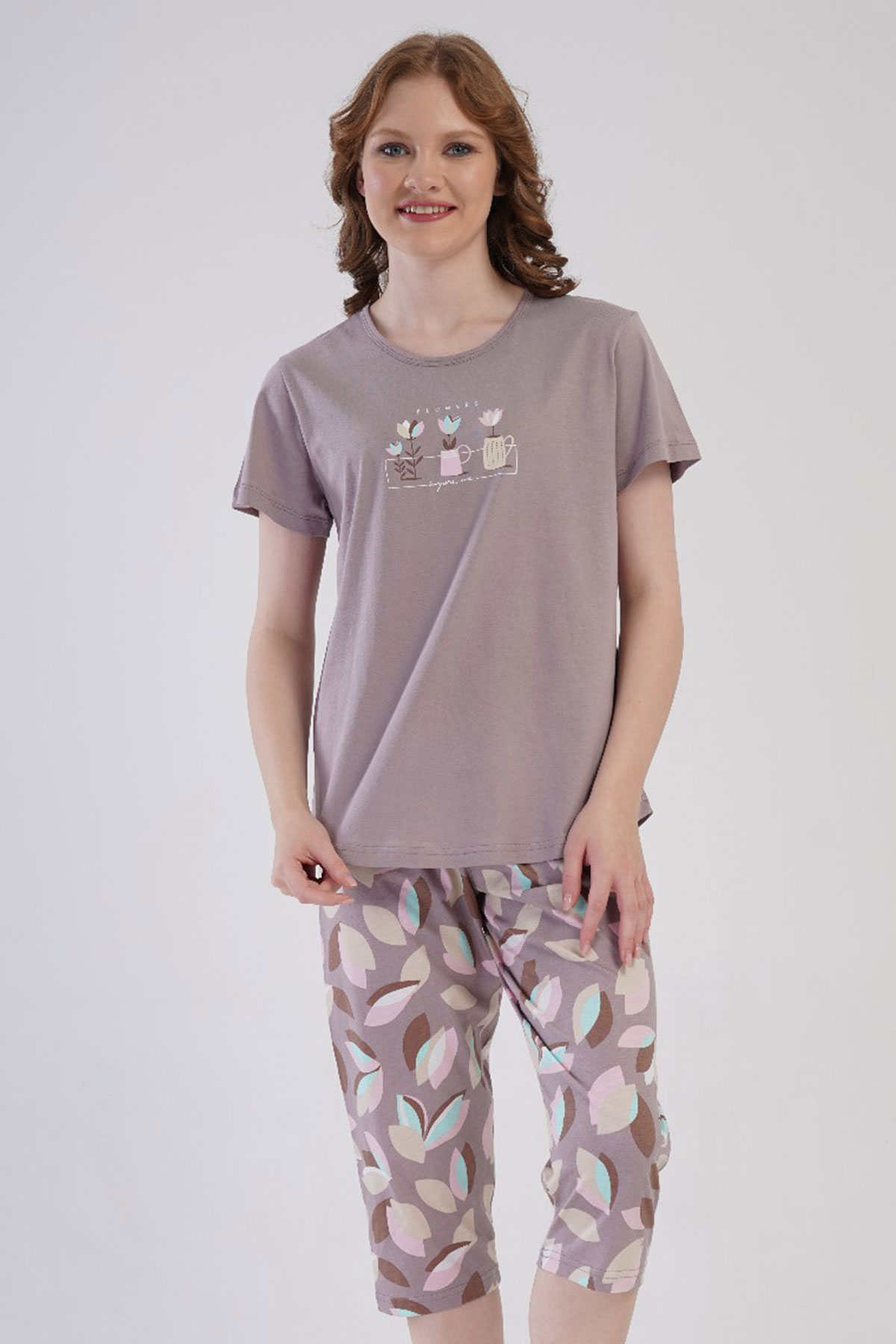 Pamuklu Kadın Büyük Beden Kısa Kol Kaprili Pijama Takım
