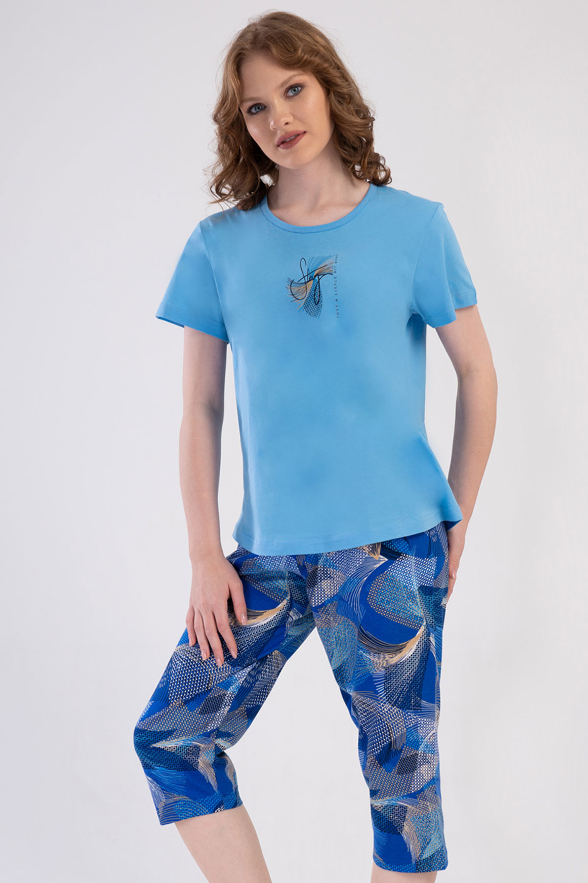 Pamuklu Kadın Büyük Beden Kısa Kol Kaprili Pijama Takım
