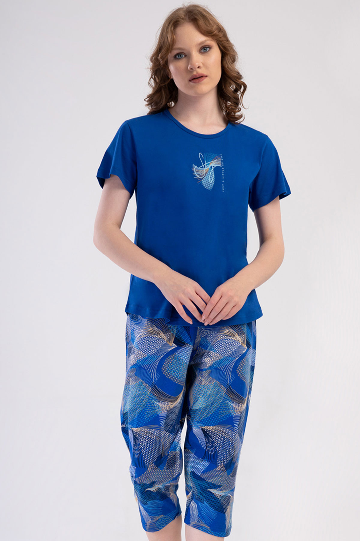 Pamuklu Kadın Büyük Beden Kısa Kol Kaprili Pijama Takım
