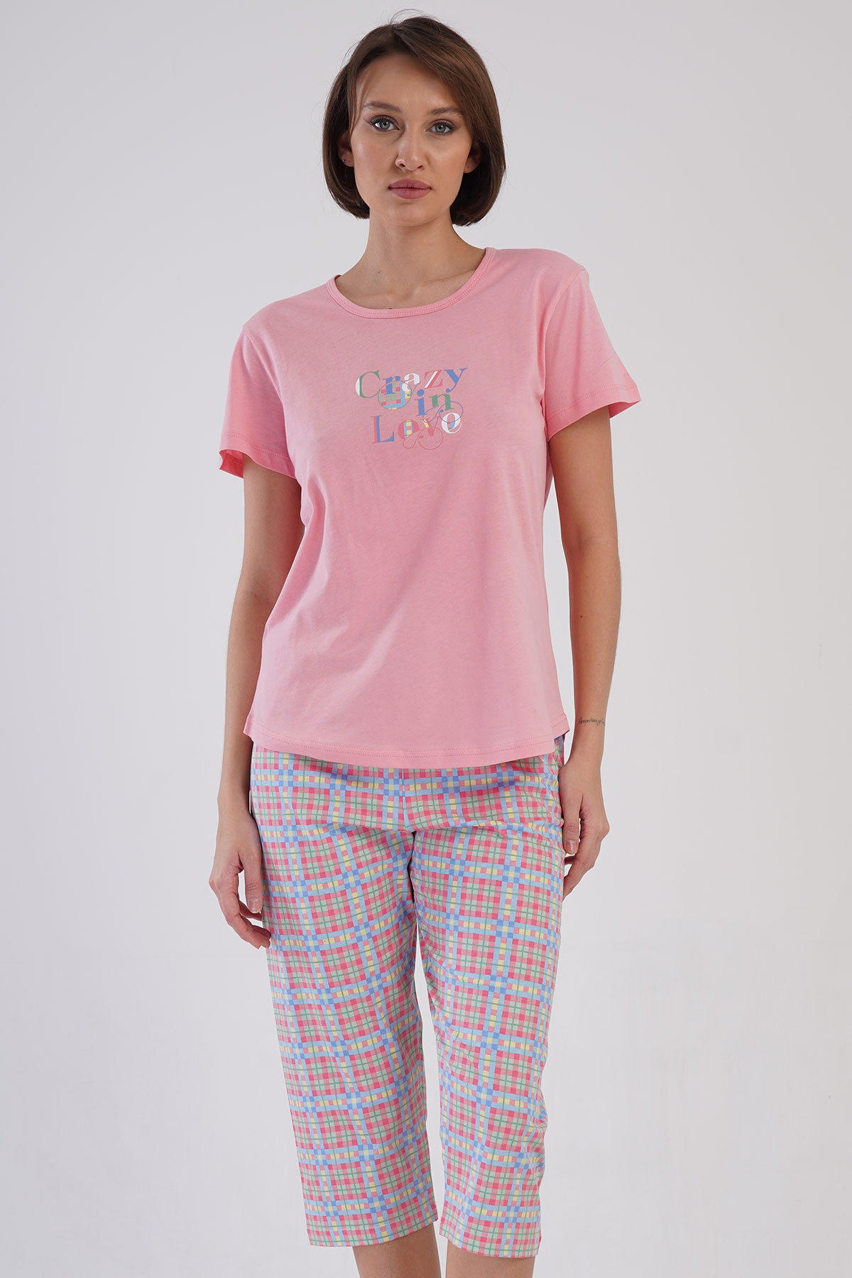 Pamuklu Kadın Kısa Kol Kaprili Pijama Takım
