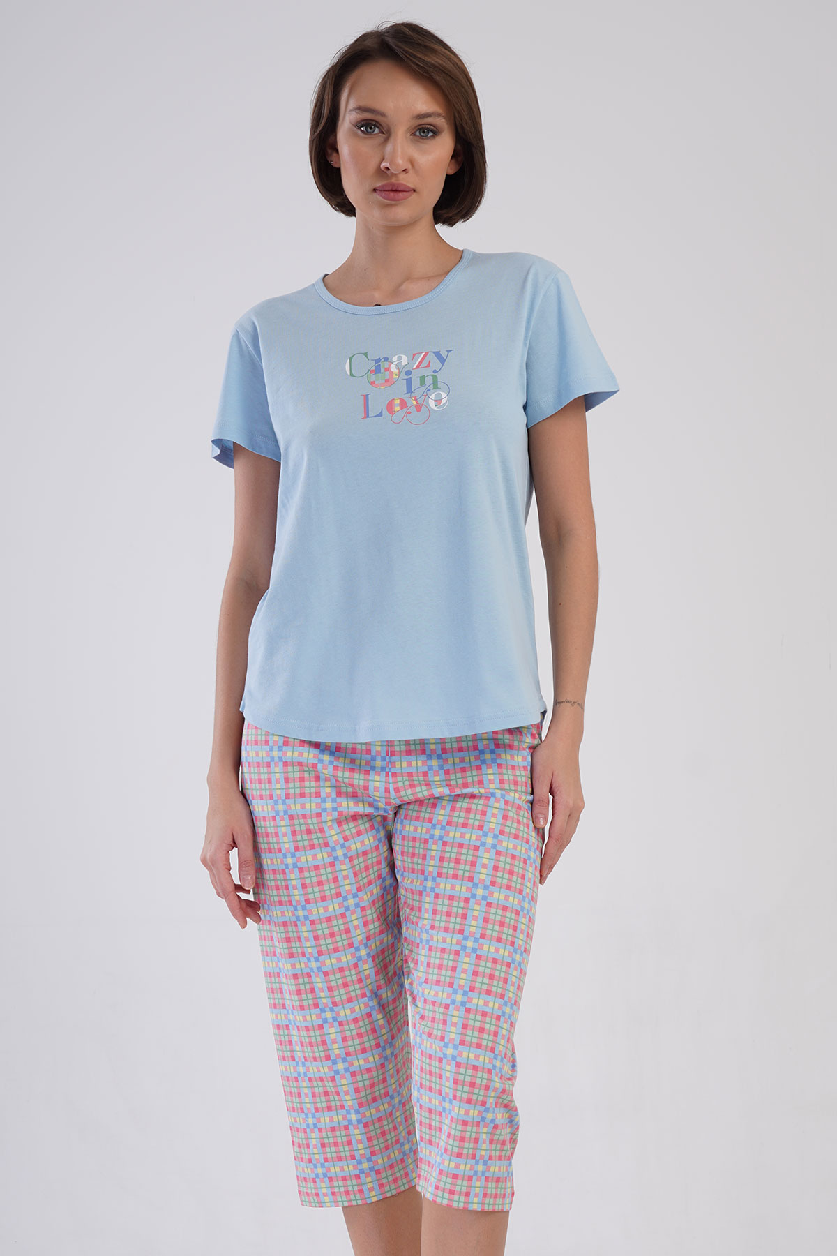 Pamuklu Kadın Kısa Kol Kaprili Pijama Takım
