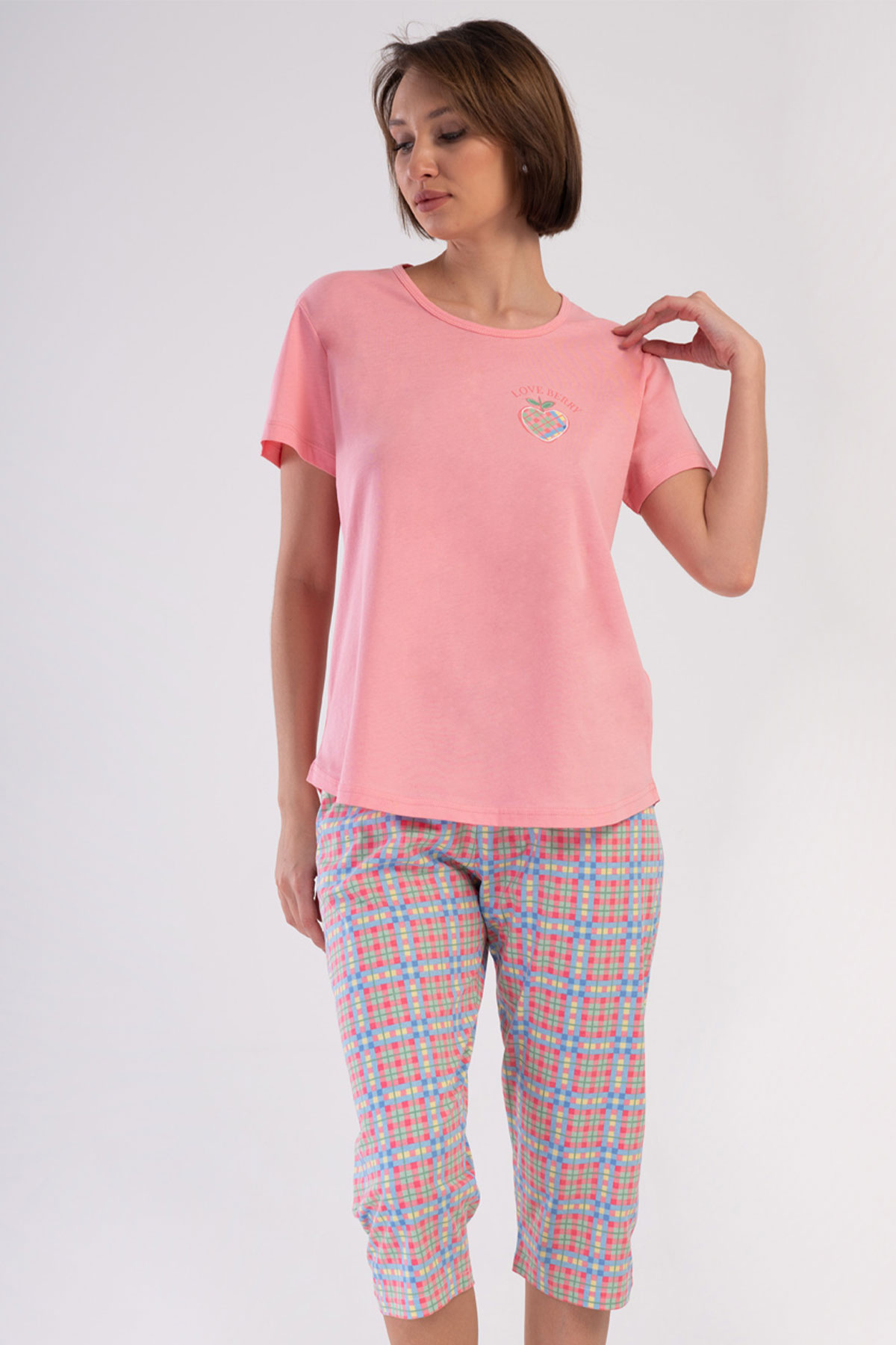 Pamuklu Kadın Büyük Beden Kısa Kol Kaprili Pijama Takım

