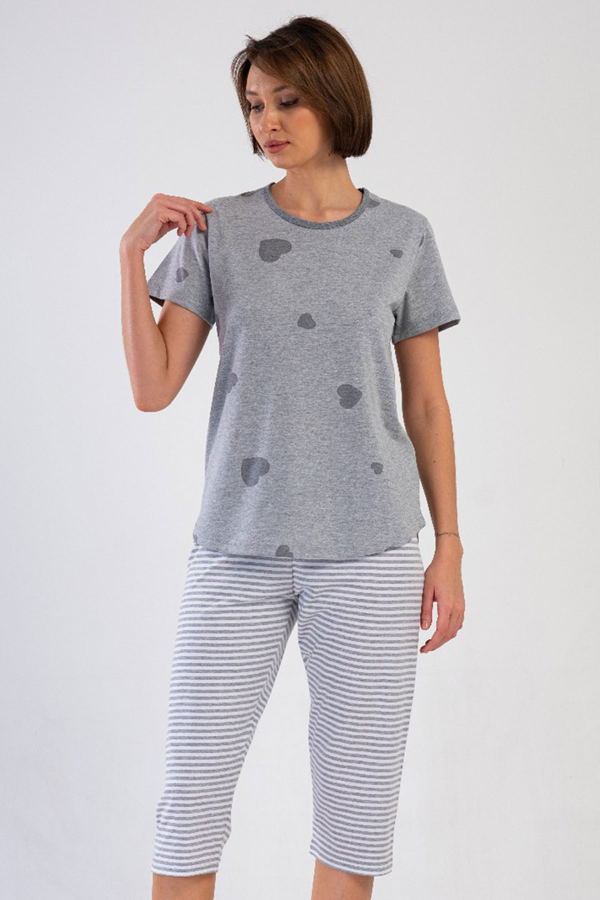 Kadın Büyük Beden Kısa Kol Kaprili Pijama Takım
