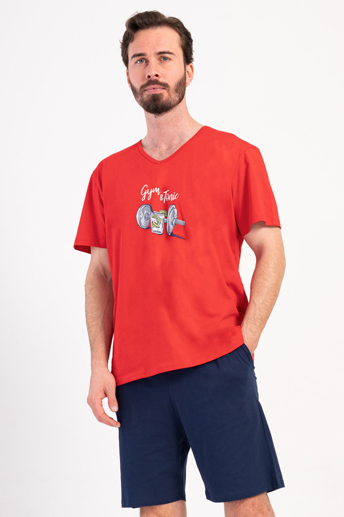 Pamuklu Erkek V Yaka Kısa Kol Şortlu Pijama Takım

