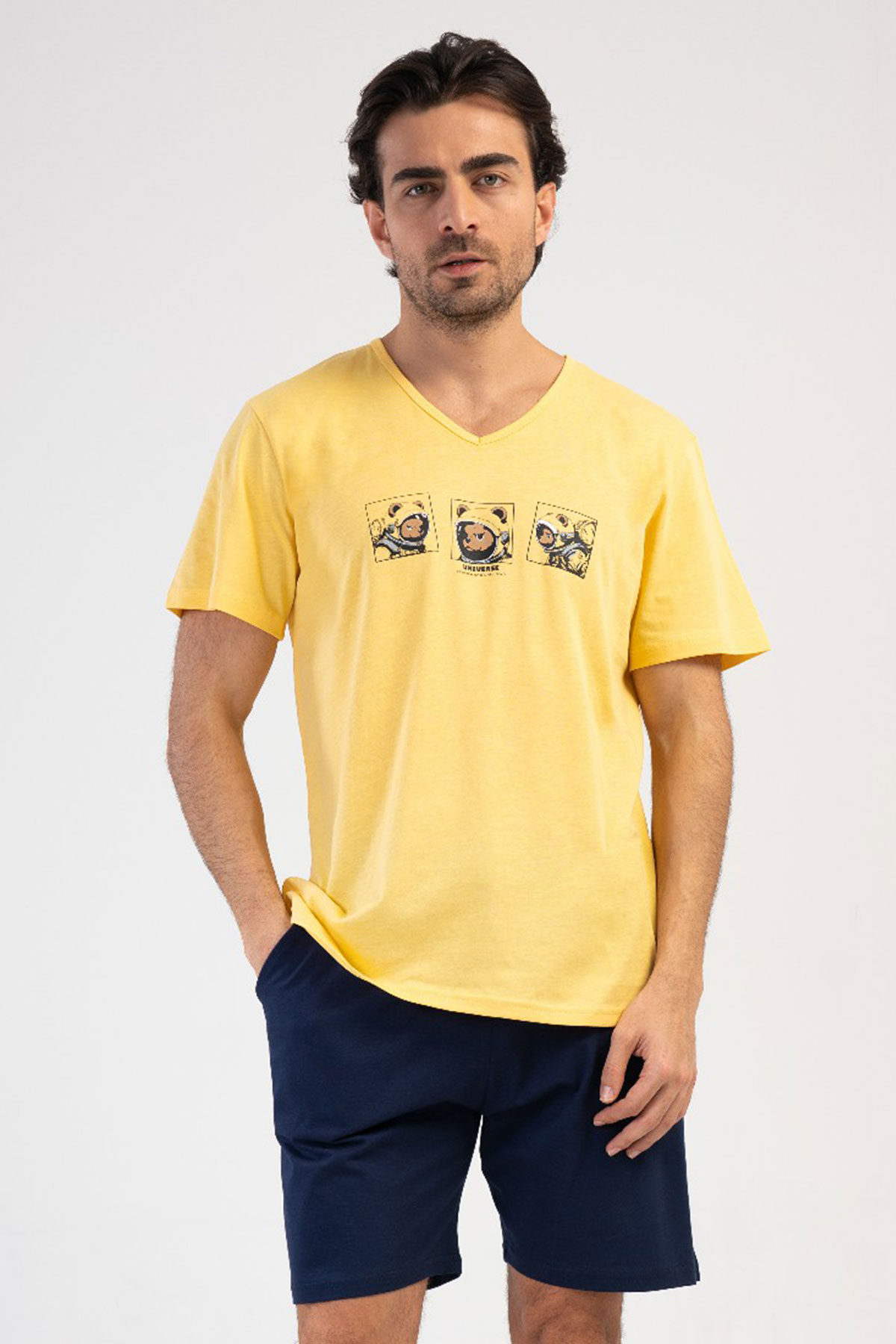 Pamuklu Erkek V Yaka Kısa Kol Şortlu Pijama Takım
