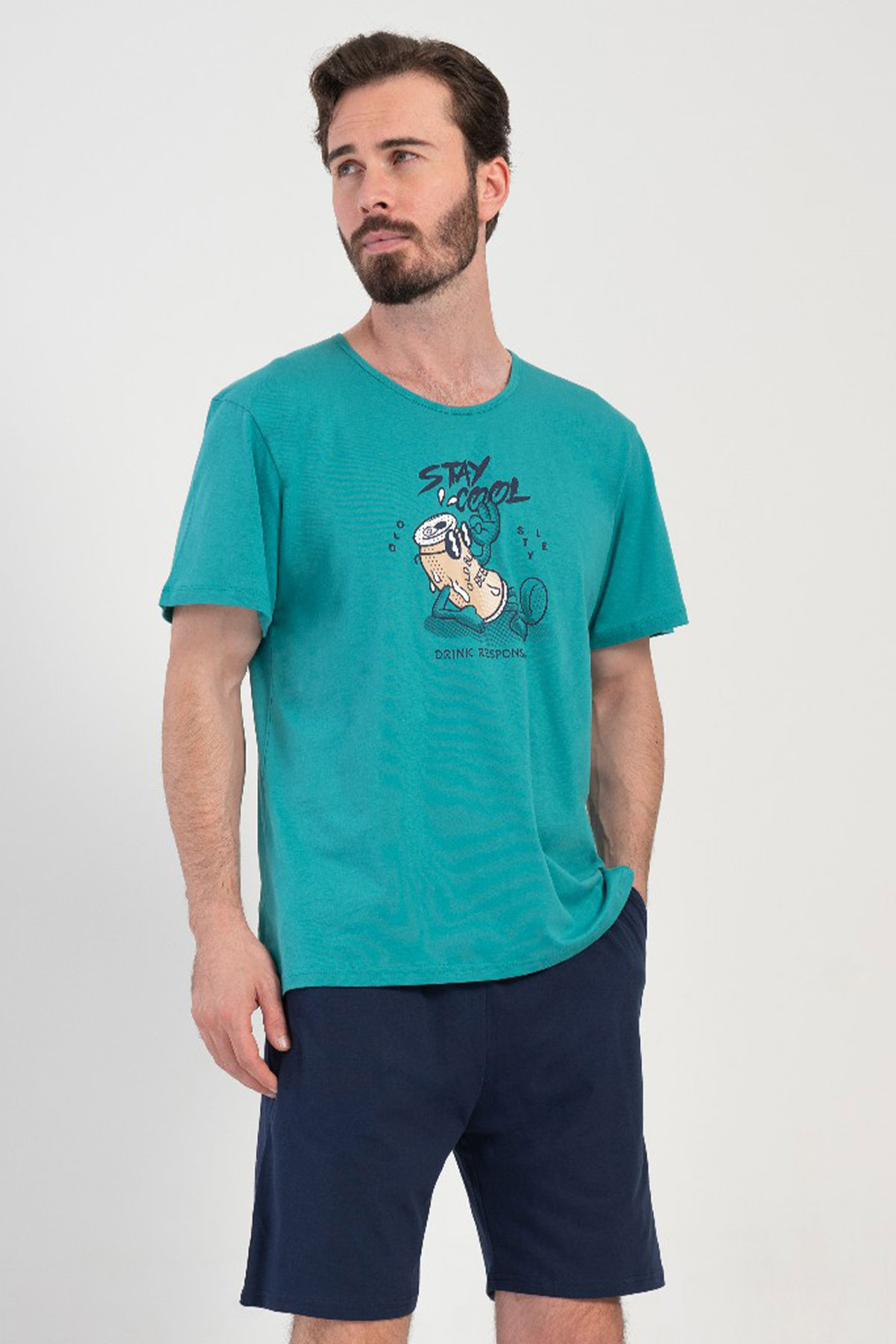 Pamuklu Erkek Büyük Beden V Yaka Kısa Kol Şortlu Pijama Takım
