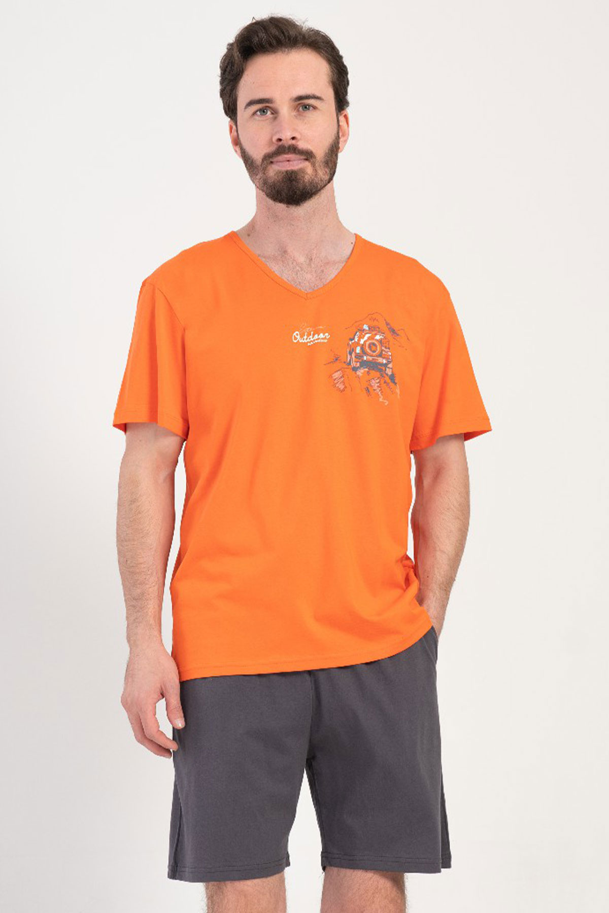 Pamuklu Erkek Büyük Beden V Yaka Kısa Kol Şortlu Pijama Takım
