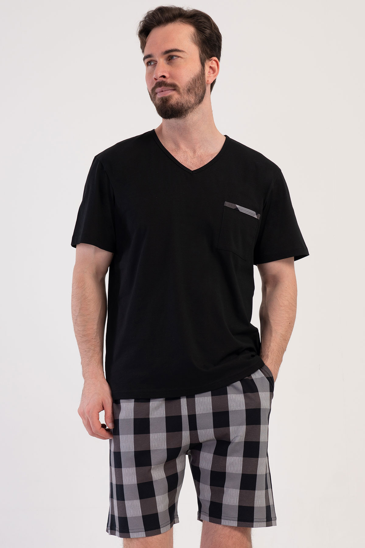 Pamuklu Erkek V Yaka Kısa Kol Şortlu Pijama Takım
