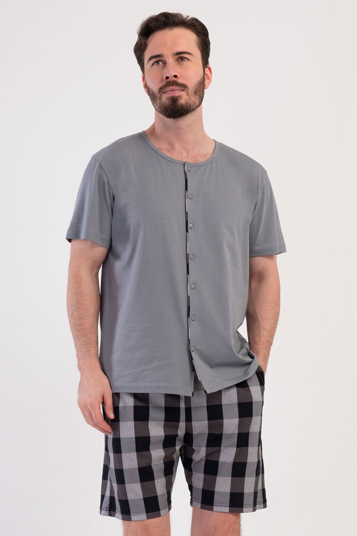 Pamuklu Erkek Tamamı Düğmeli Kısa Kol Şortlu Pijama Takım
