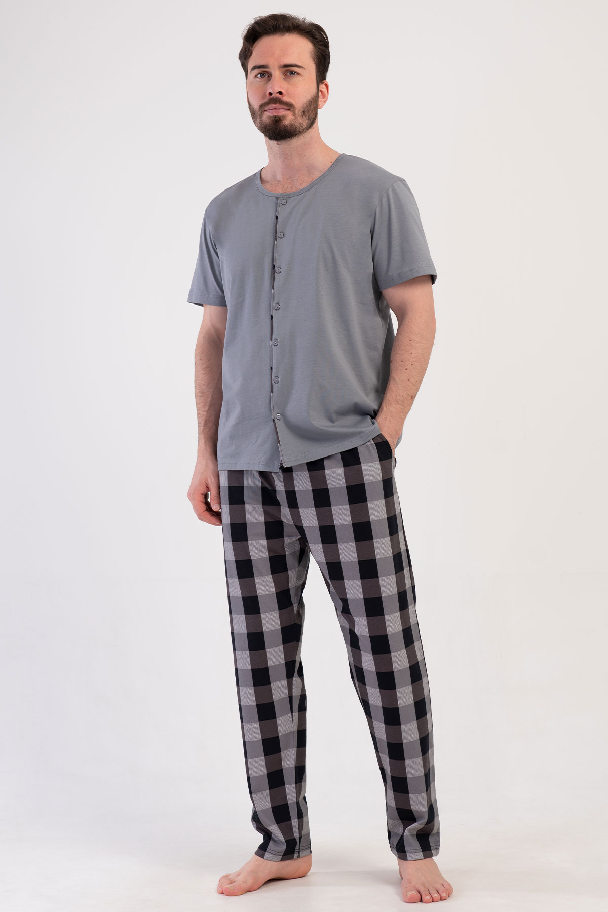 Pamuklu Erkek Tamamı Düğmeli Kısa Kol Pijama Takım
