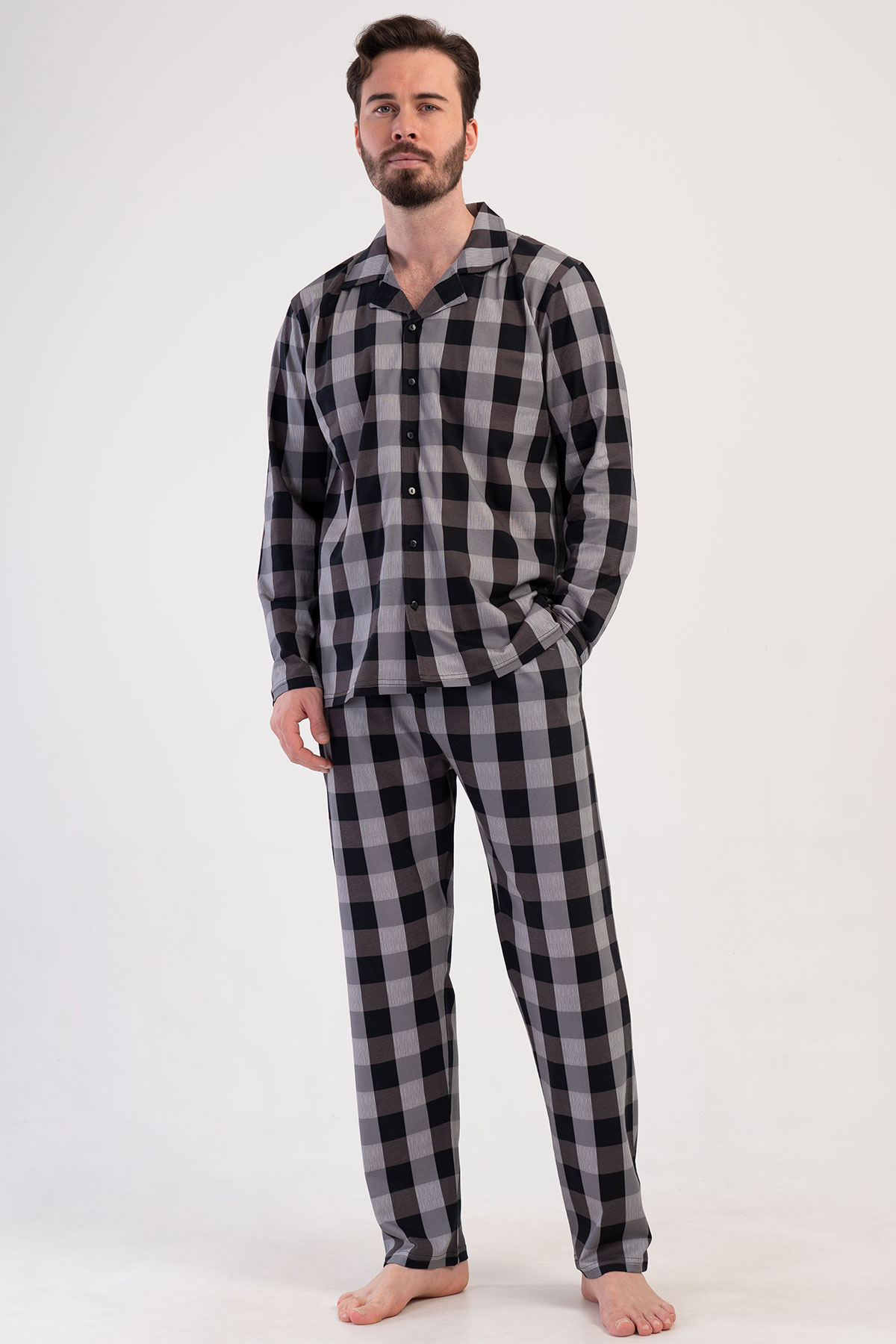 Pamuklu Erkek Yaka Tamamı Düğmeli Uzun Kol Pijama Takım
