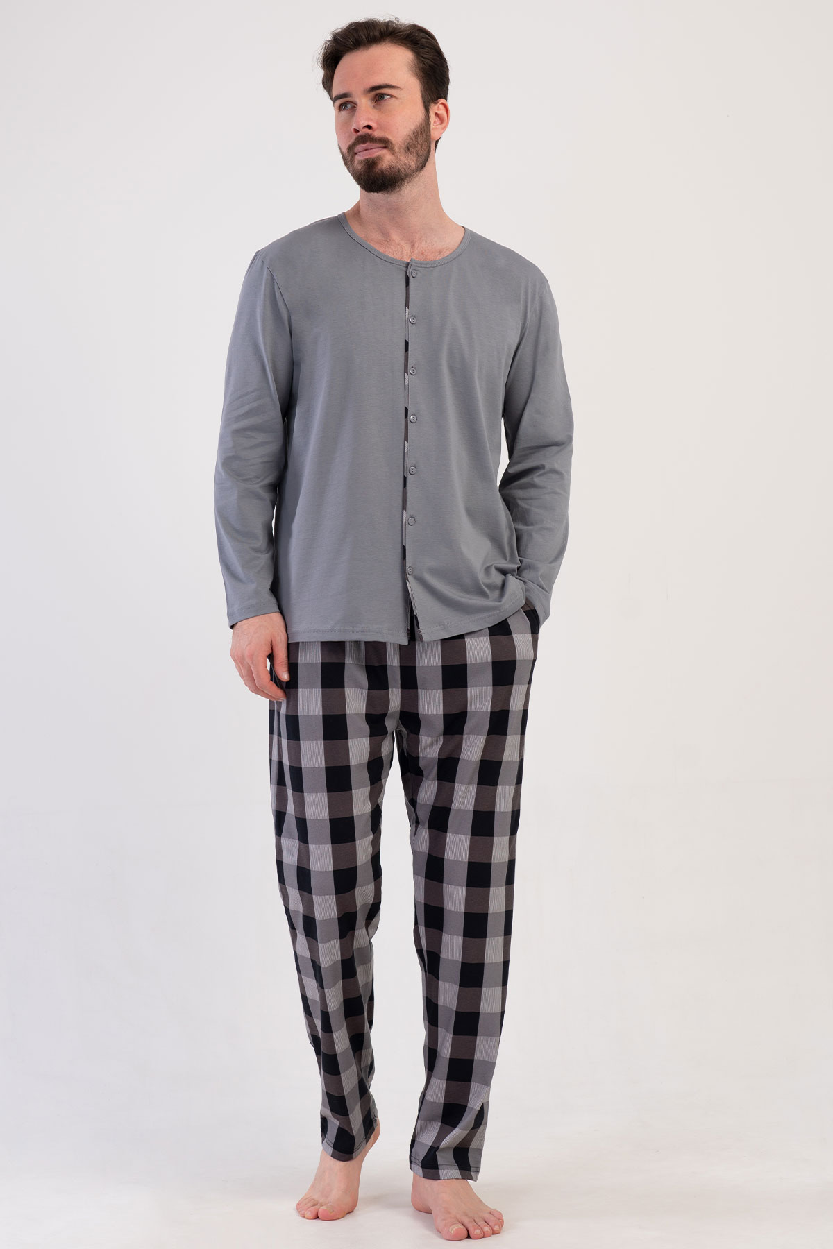 Pamuklu Erkek Büyük Beden Tamamı Düğmeli Uzun Kol Pijama Takım
