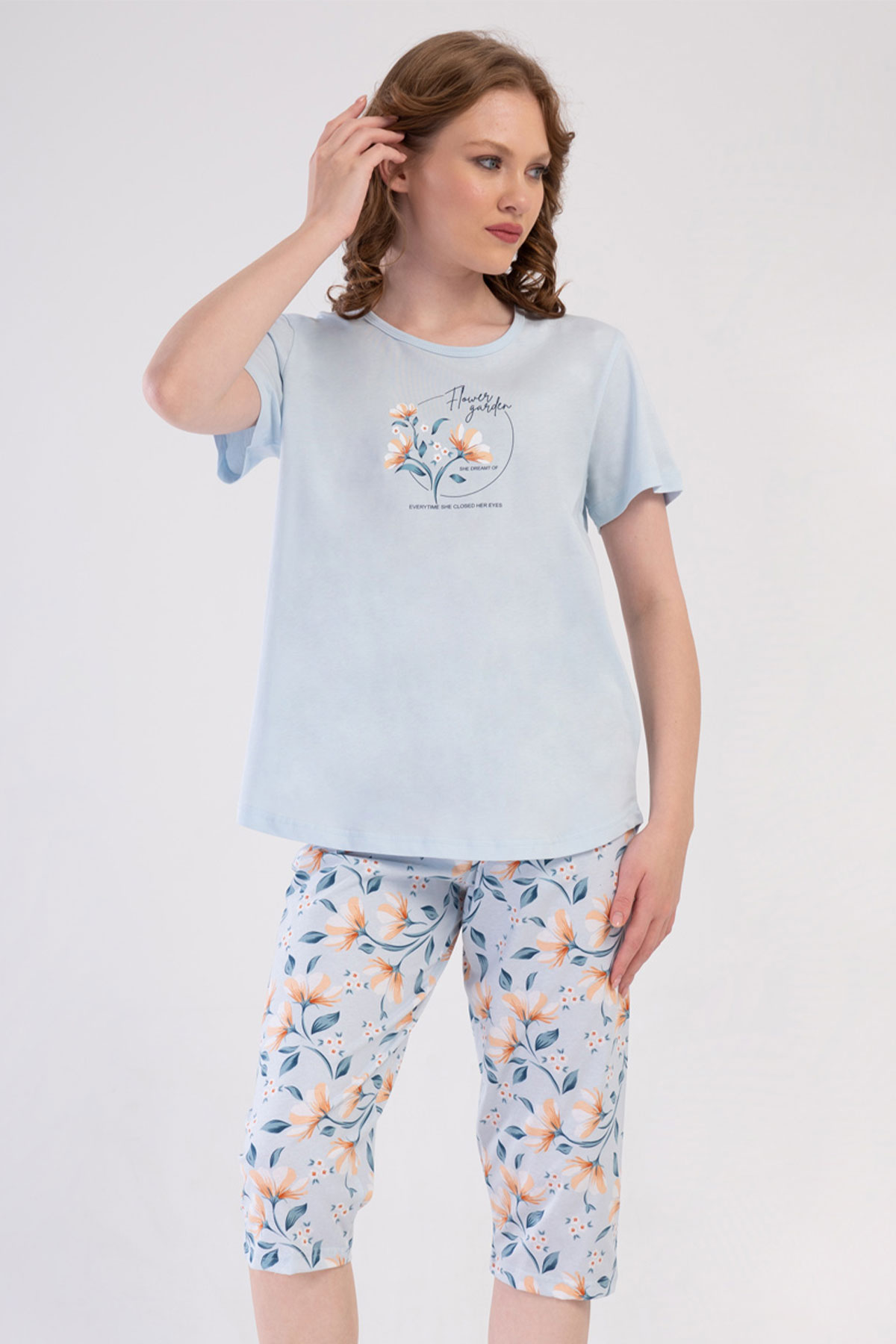 Pamuklu Kadın Büyük Beden Kısa Kol Kaprili Pijama Takım
