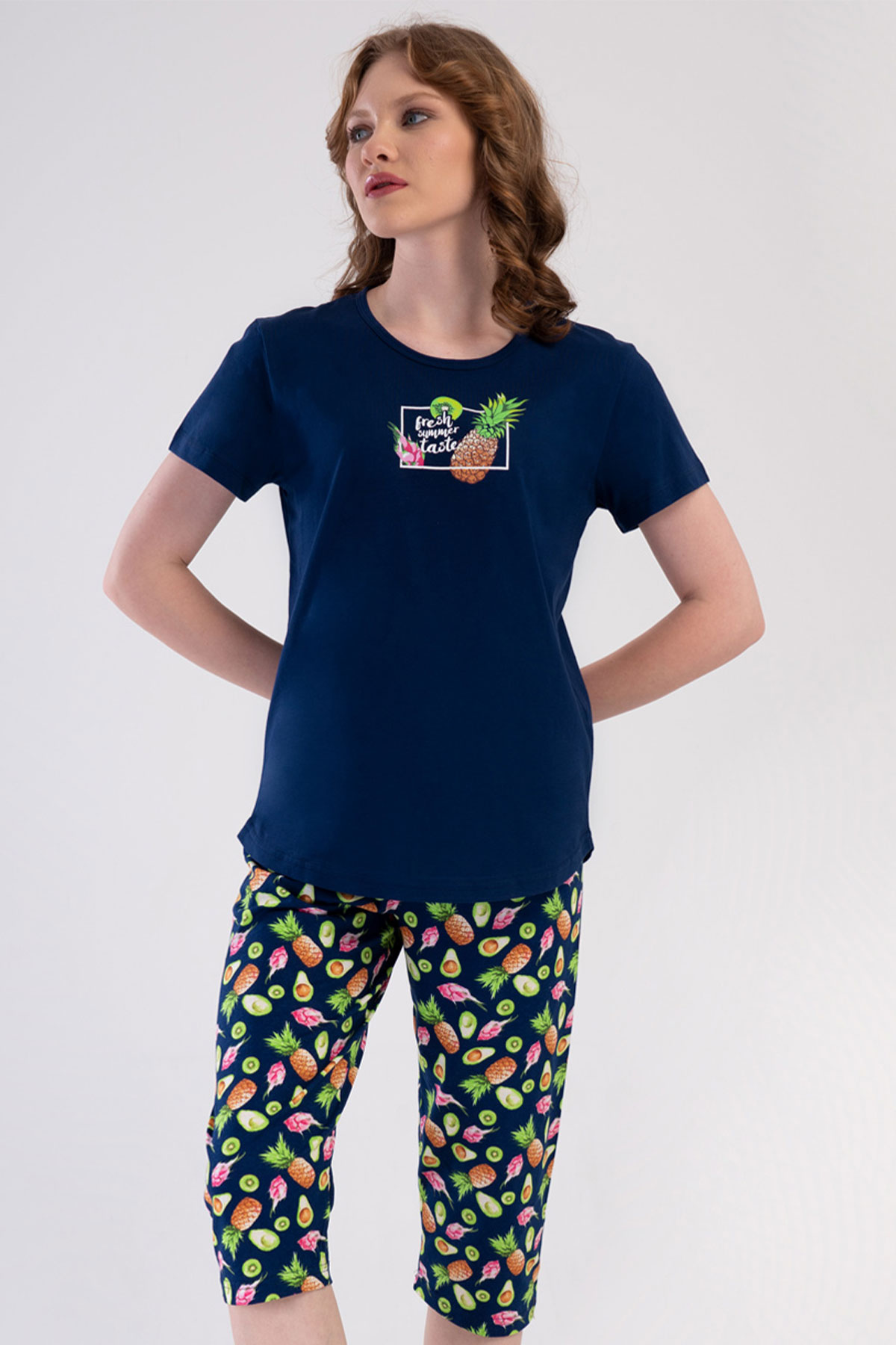 Pamuklu Kadın Kısa Kol Kaprili Pijama Takım
