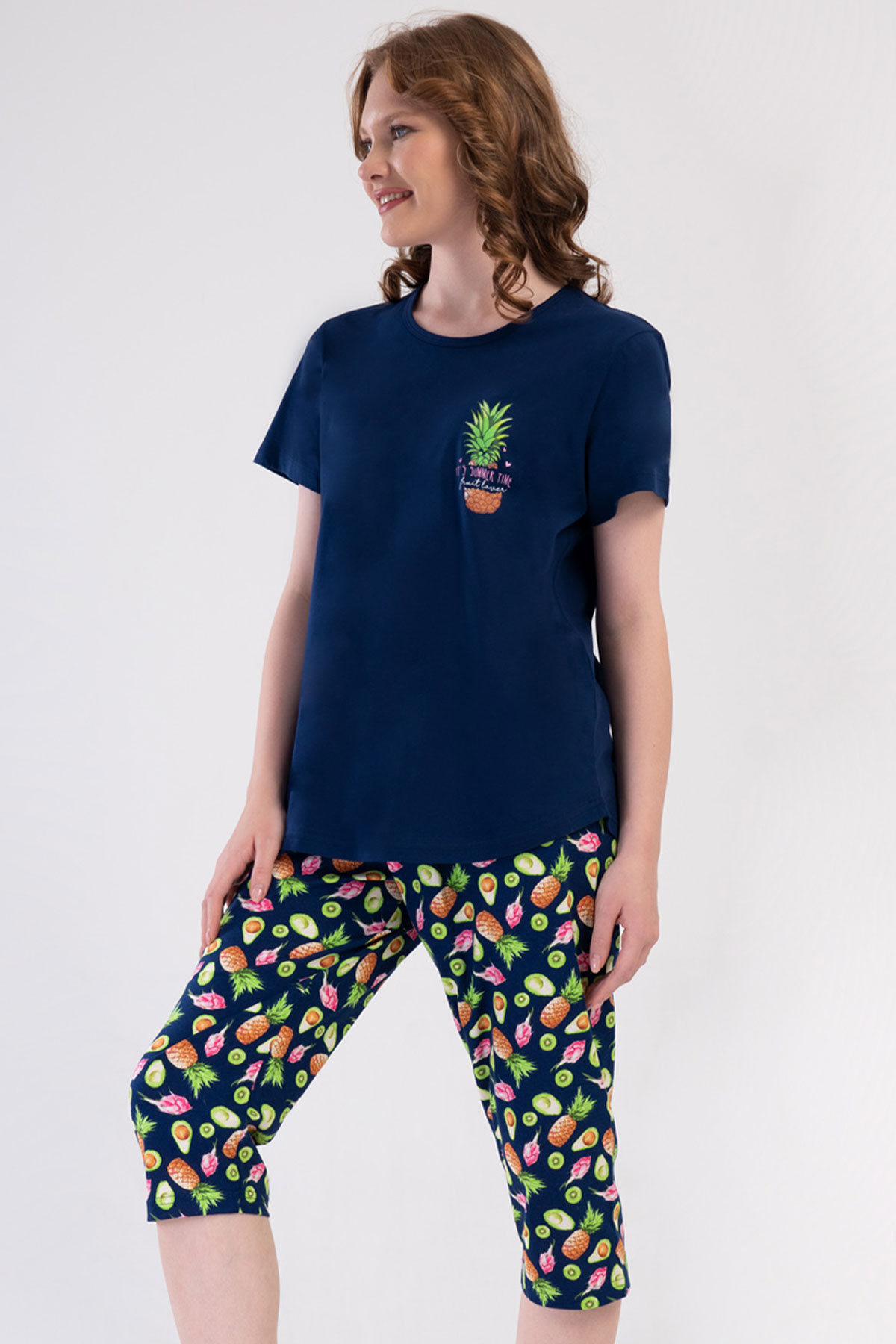 Pamuklu Kadın Büyük Beden Kısa Kol Kaprili Pijama Takım

