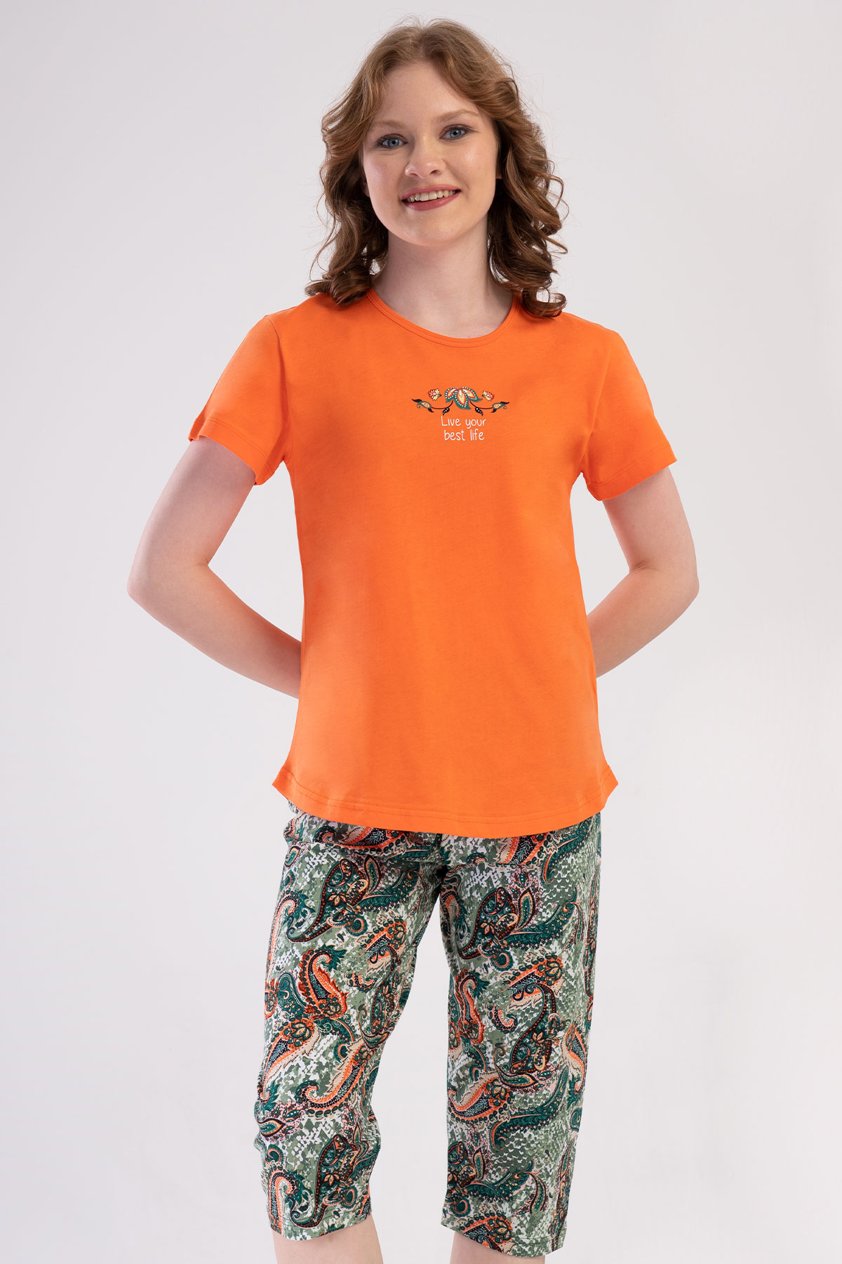 Pamuklu Kadın Kısa Kol Kaprili Pijama Takım
