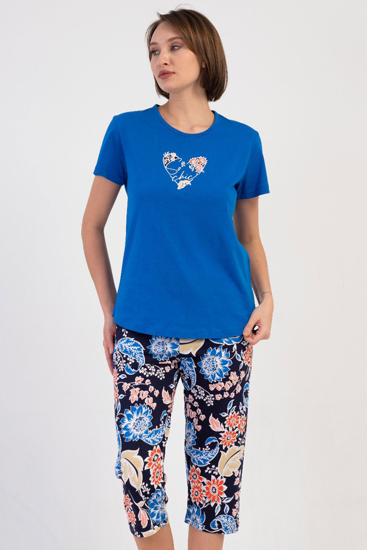 Pamuklu Kadın Kısa Kol Kaprili Pijama Takım
