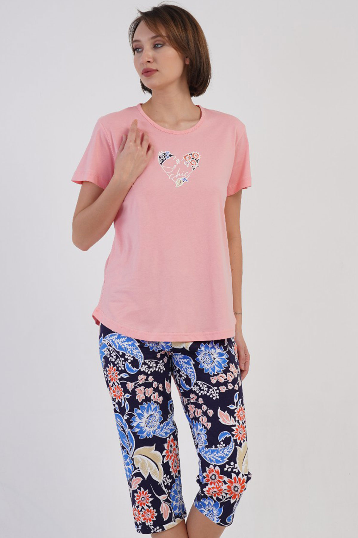 Pamuklu Kadın Kısa Kol Kaprili Pijama Takım
