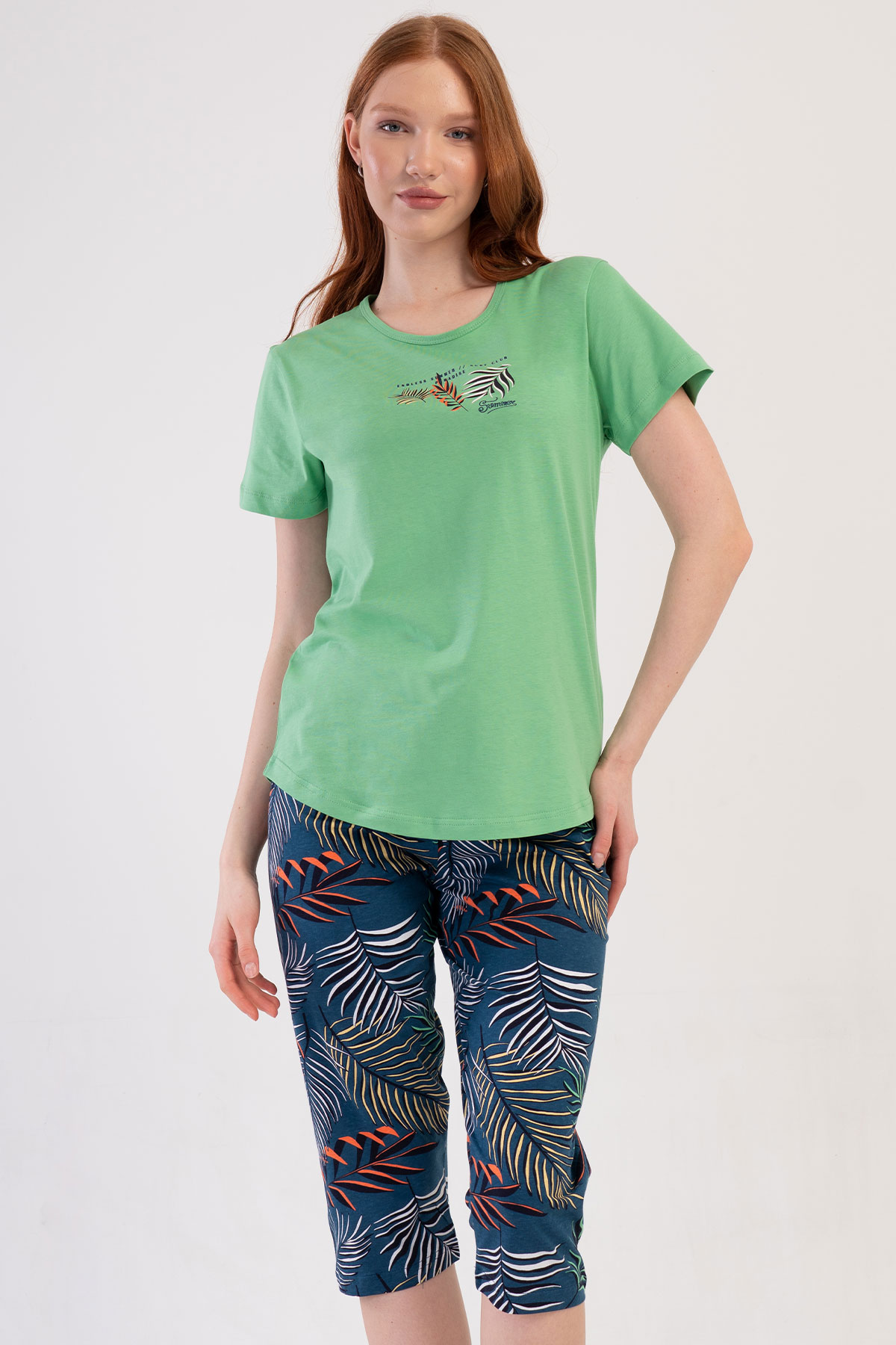 Pamuklu Kadın Kısa Kol Kaprili Pijama Takım

