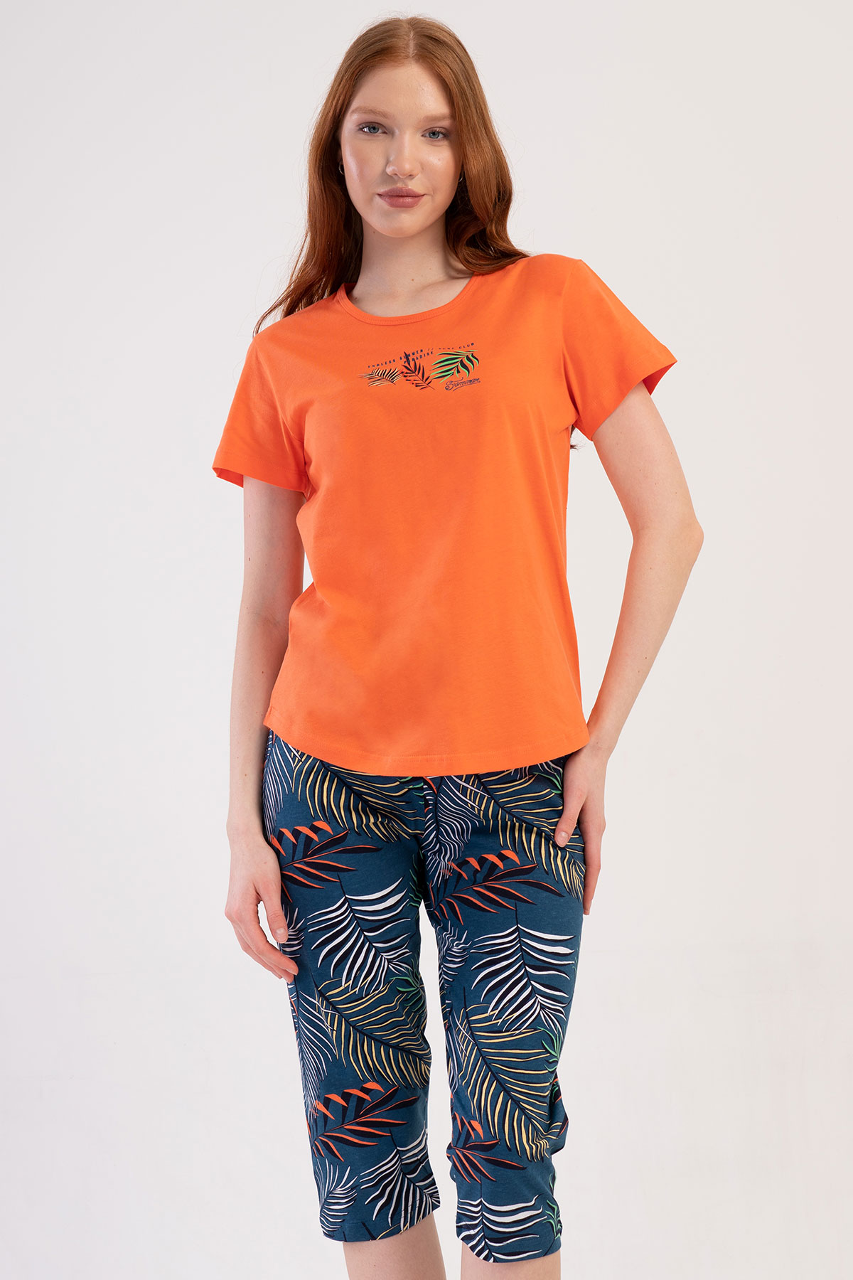 Pamuklu Kadın Kısa Kol Kaprili Pijama Takım
