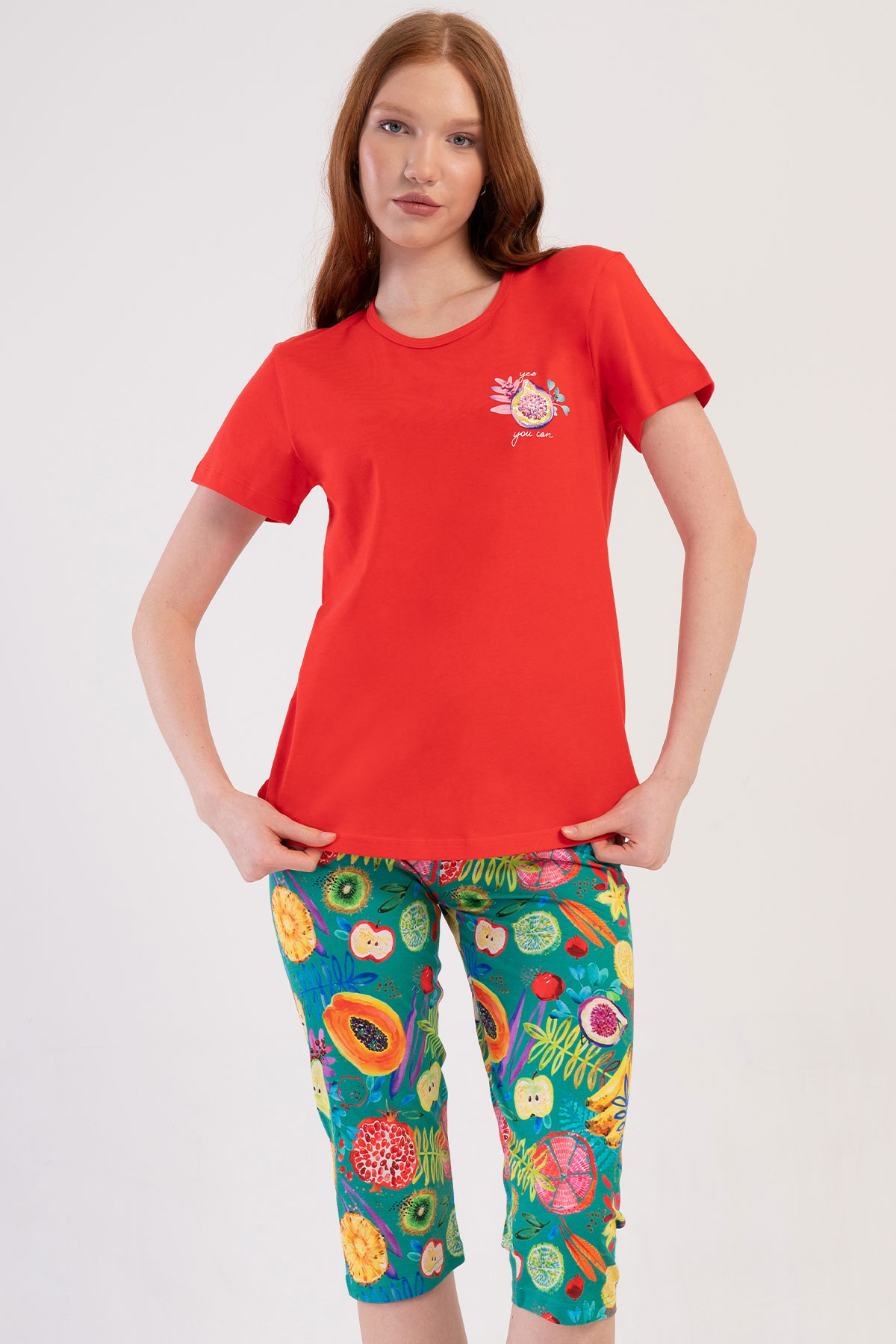 Pamuklu Kadın Kısa Kol Kaprili Pijama Takım
