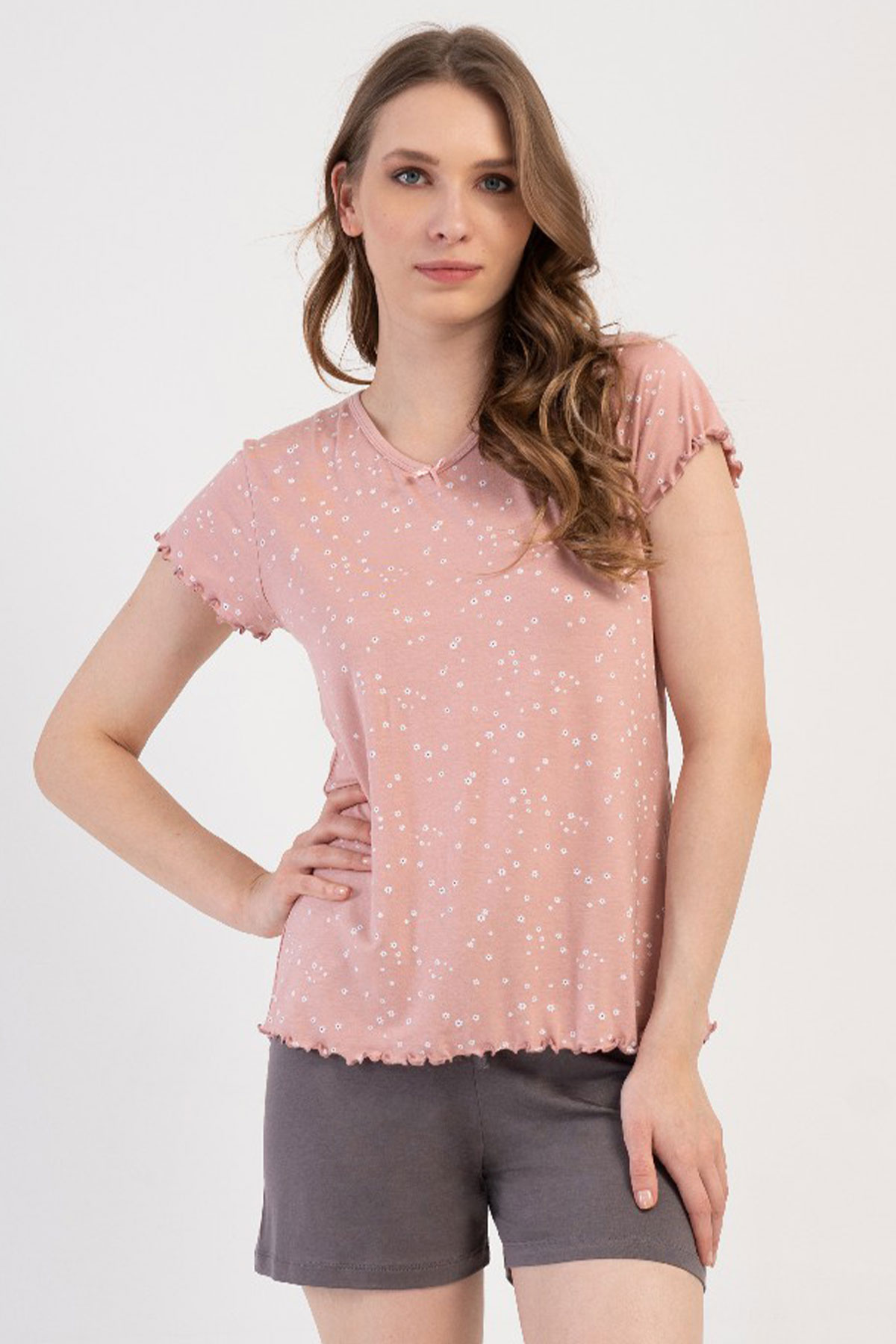Kadın Vıscon V Yaka Kısa Kol Şortlu Pijama Takım
