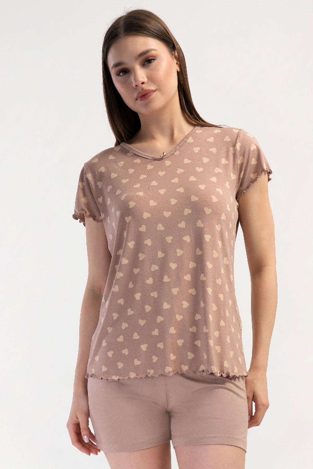 Kadın Vıscon Büyük Beden V Yaka Kısa Kol Şortlu Pijama Takım
