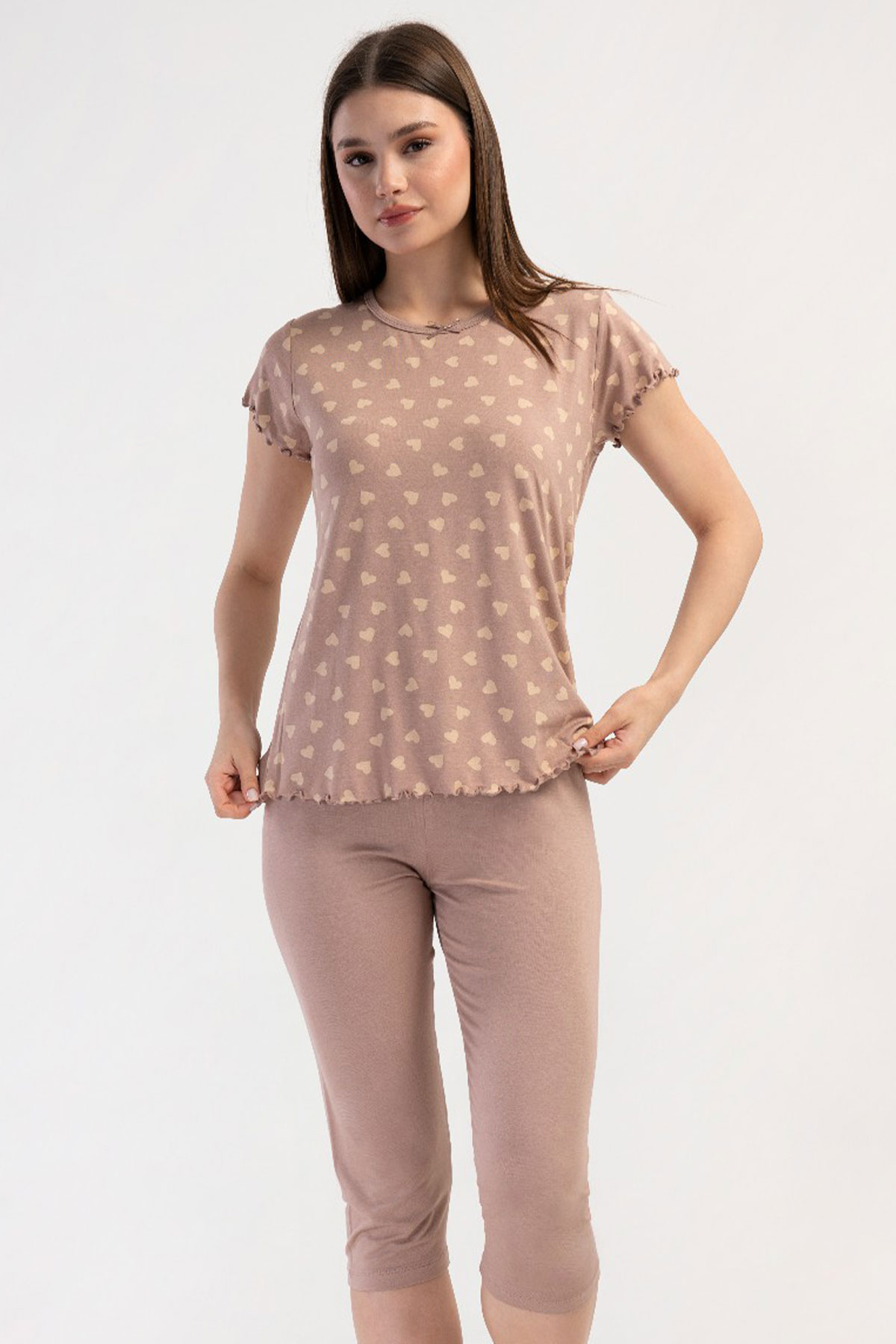 Kadın Vıscon Büyük Beden Kısa Kol Kaprili Pijama Takım
