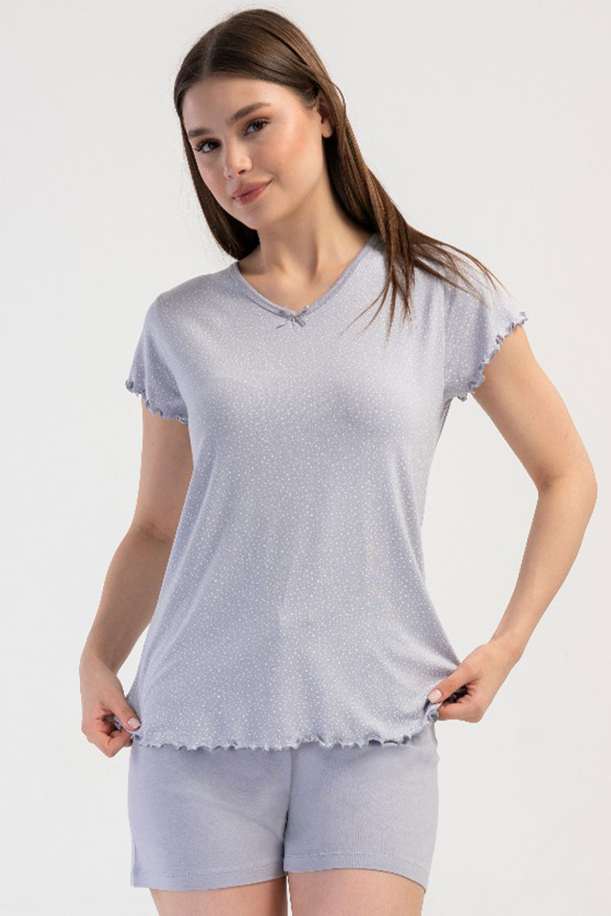 Kadın Vıscon V Yaka Kısa Kol Şortlu Pijama Takım
