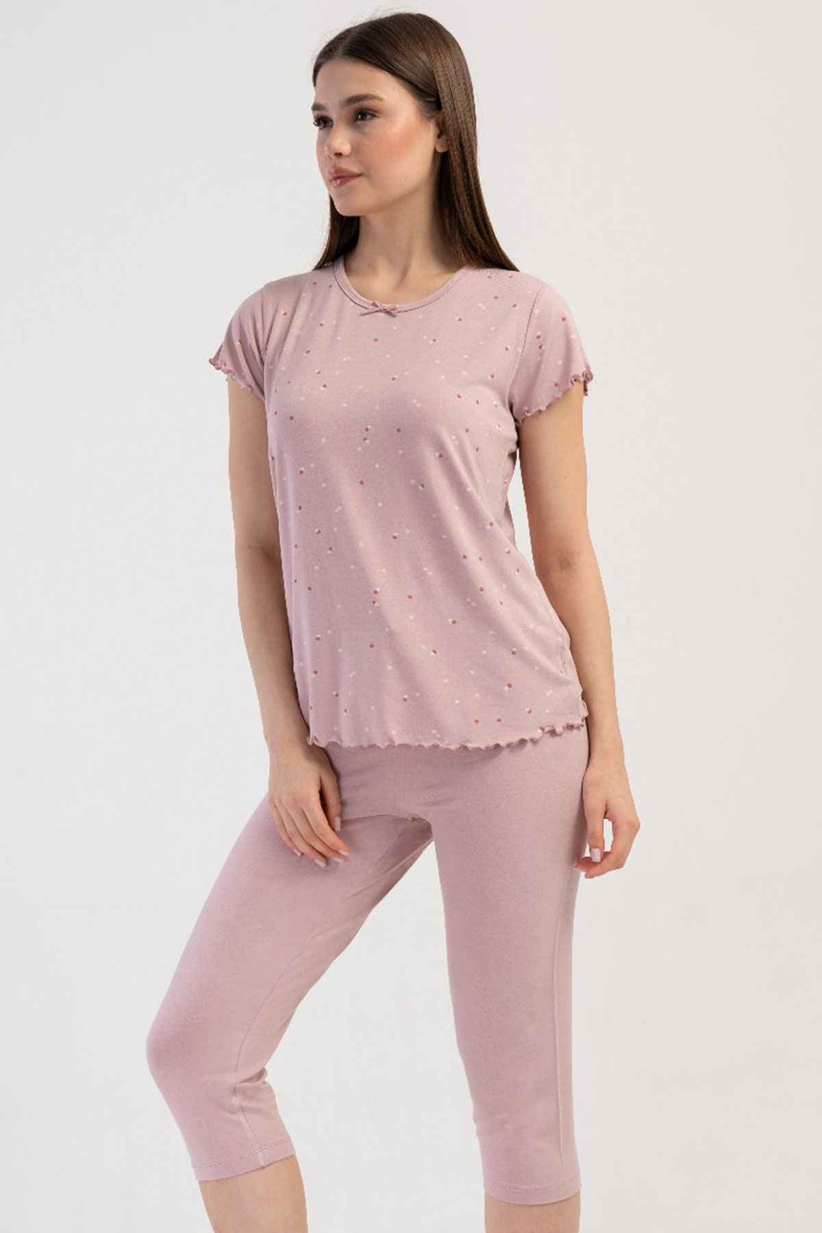 Kadın Vıscon Büyük Beden Kısa Kol Kaprili Pijama Takım
