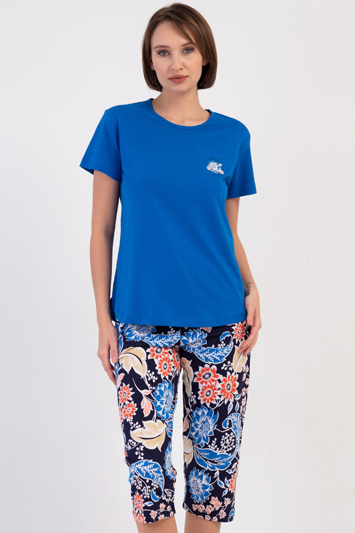 Pamuklu Kadın Kısa Kol Kaprili Pijama Takım
