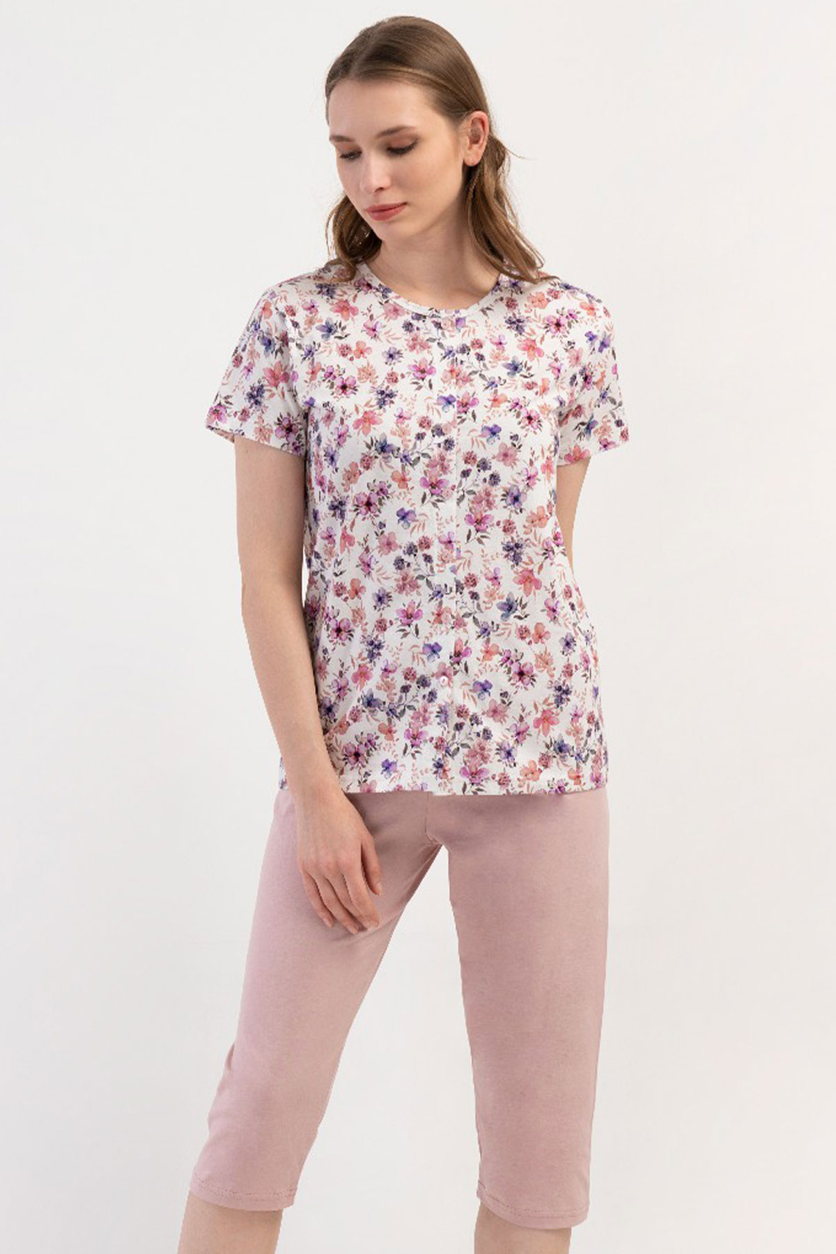 Pamuklu Kadın Tamamı Düğmeli Kısa Kol Kaprili Pijama Takım

