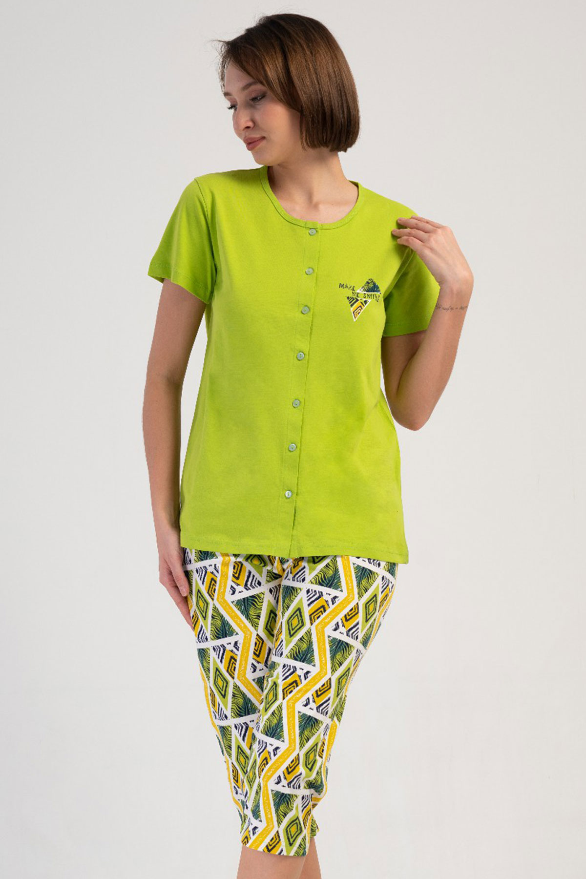 Pamuklu Kadın Tamamı Düğmeli Kısa Kol Kaprili Pijama Takım

