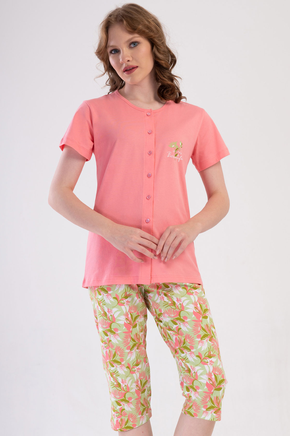 Pamuklu Kadın Tamamı Düğmeli Kısa Kol Kaprili Pijama Takım
