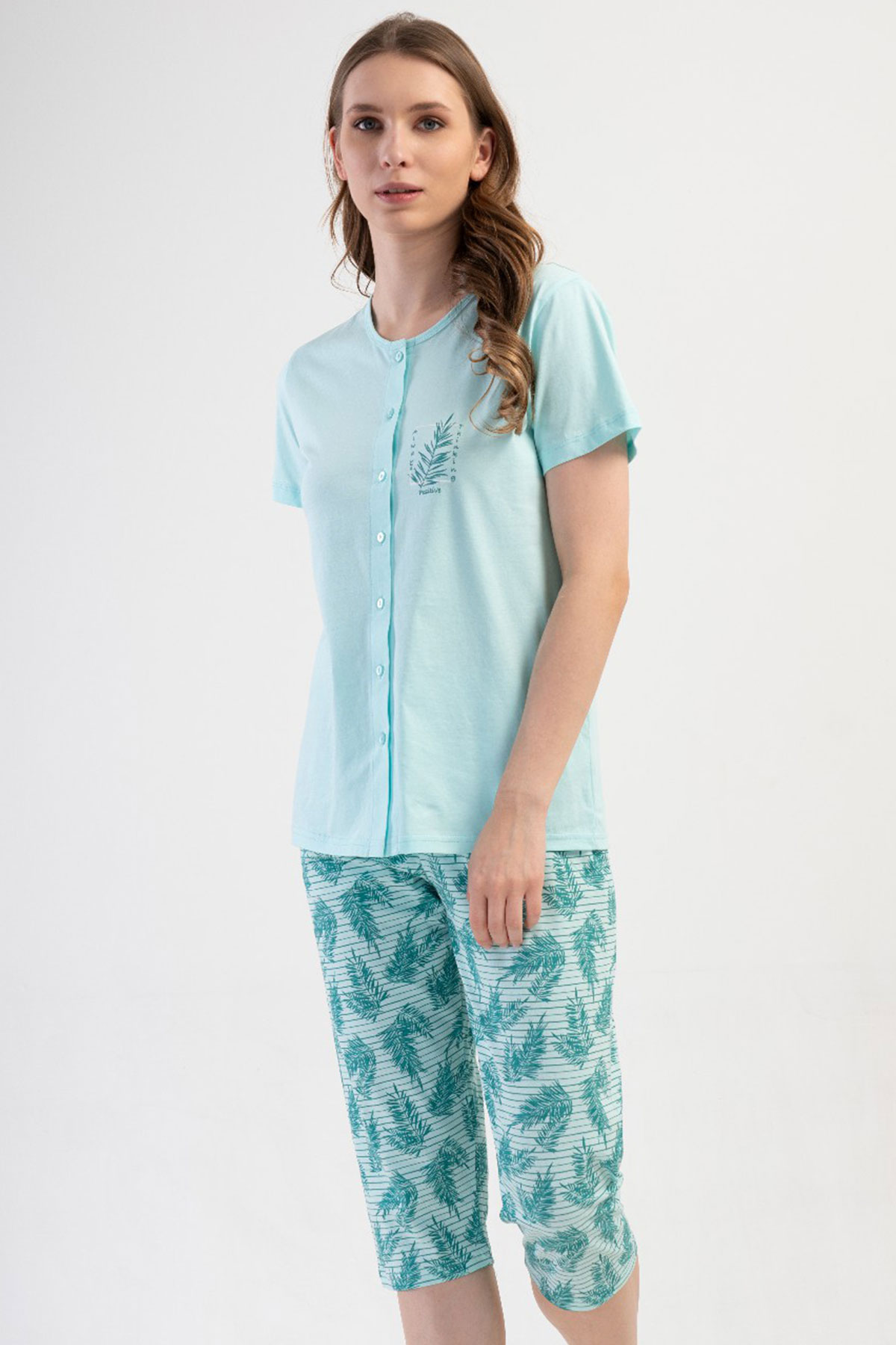 Pamuklu Kadın Büyük Beden Tamamı Düğmeli Kısa Kol Kaprili Pijama Takım

