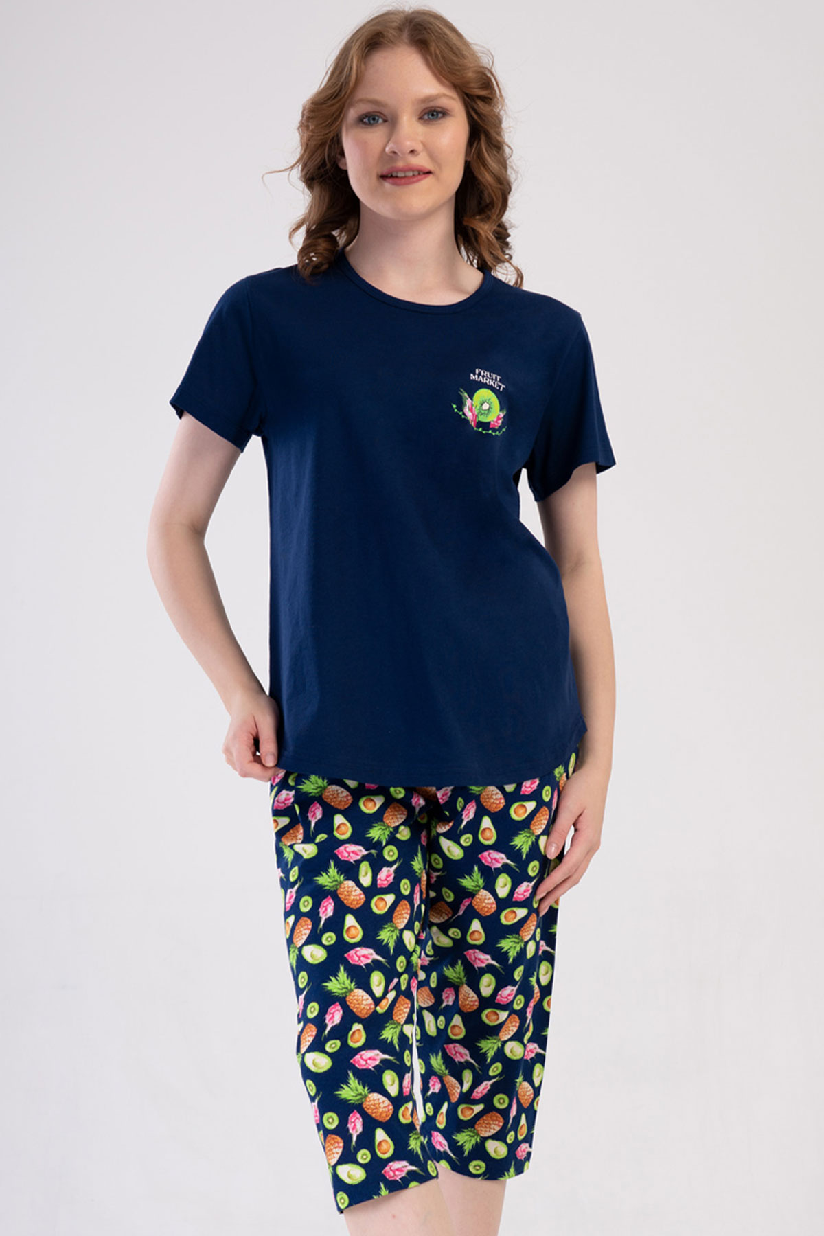 Pamuklu Kadın Büyük Beden Kısa Kol Kaprili Pijama Takım
