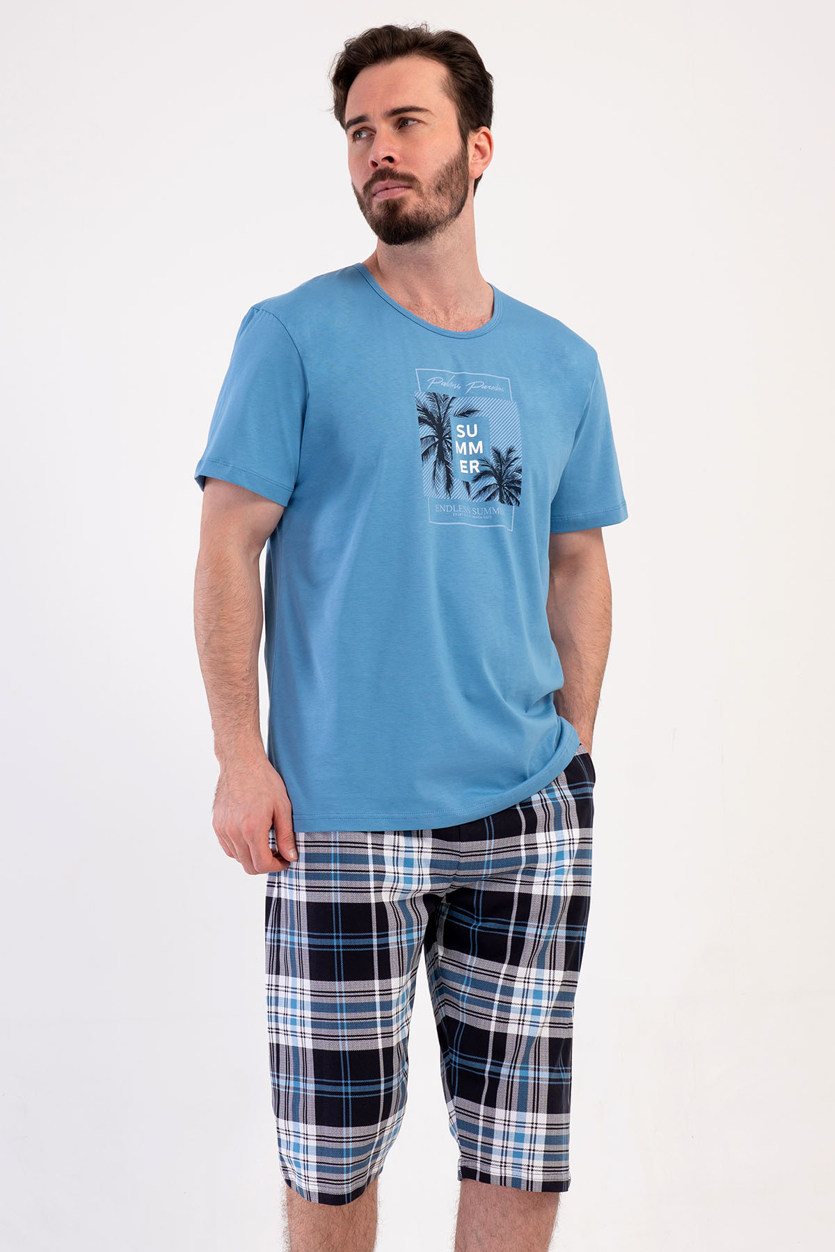 Pamuklu Erkek Kısa Kol Kaprili Pijama Takım

